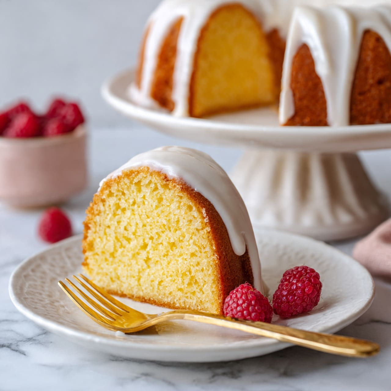 A slice of yellow cake with a smooth white icing layer on top, showing a moist and soft texture inside. It sits on a white plate with a gold fork to the side. Three red raspberries are placed next to the cake slice on the plate, and one raspberry is on the white marbled surface nearby. In the background, a whole bundt cake with the same icing sits on a stand, slightly out of focus. photo taken with an iphone --ar 4:5 --v 7