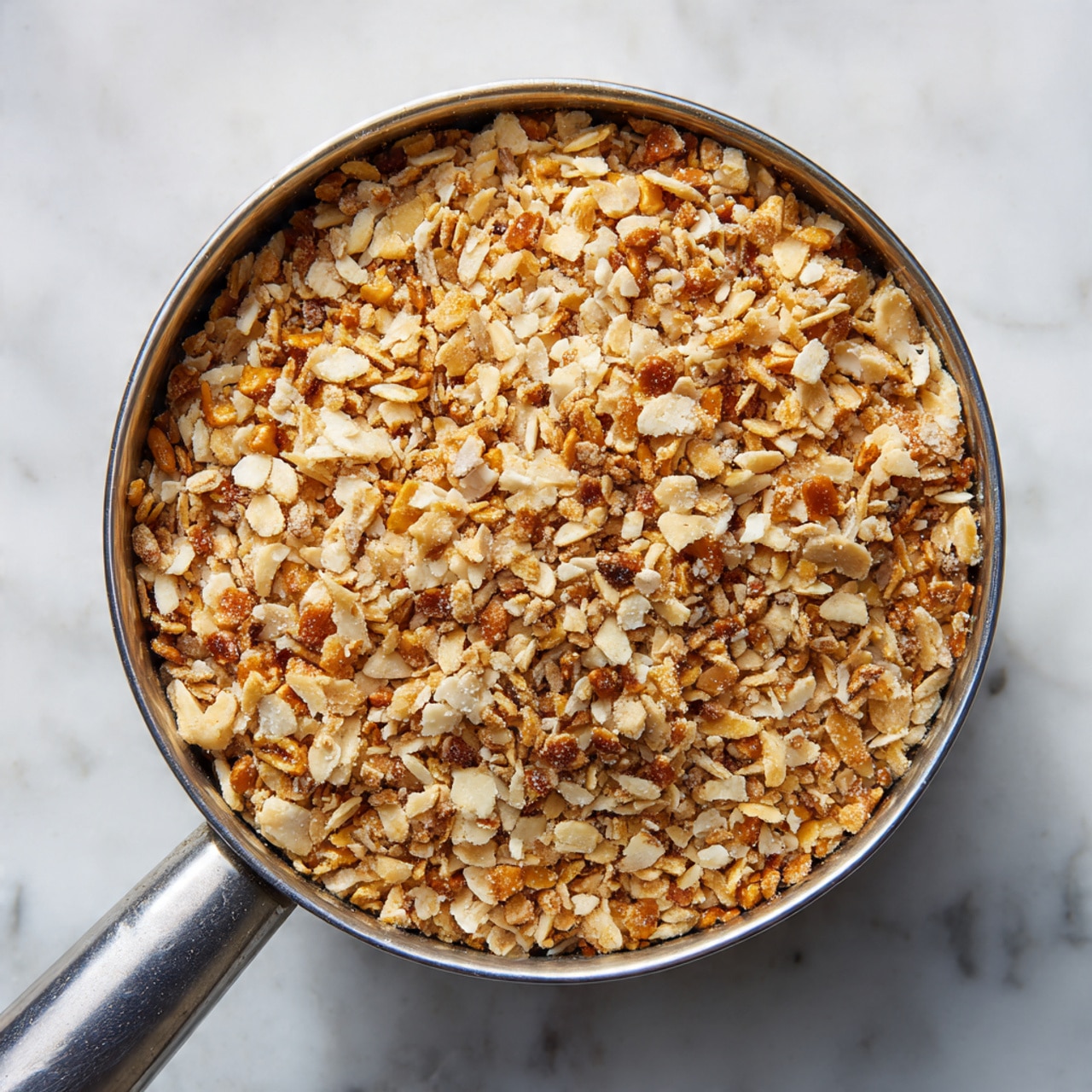 A close-up top view of a round metal measuring cup filled with crushed pretzels. The crushed pretzel pieces are varying sizes, mostly small chunks with a mix of light beige and golden brown colors. The cup is placed on a white marbled surface, and only the metal handle of the cup is visible on the left side. The texture of the crushed pretzels looks crumbly and rough. photo taken with an iphone --ar 4:5 --v 7