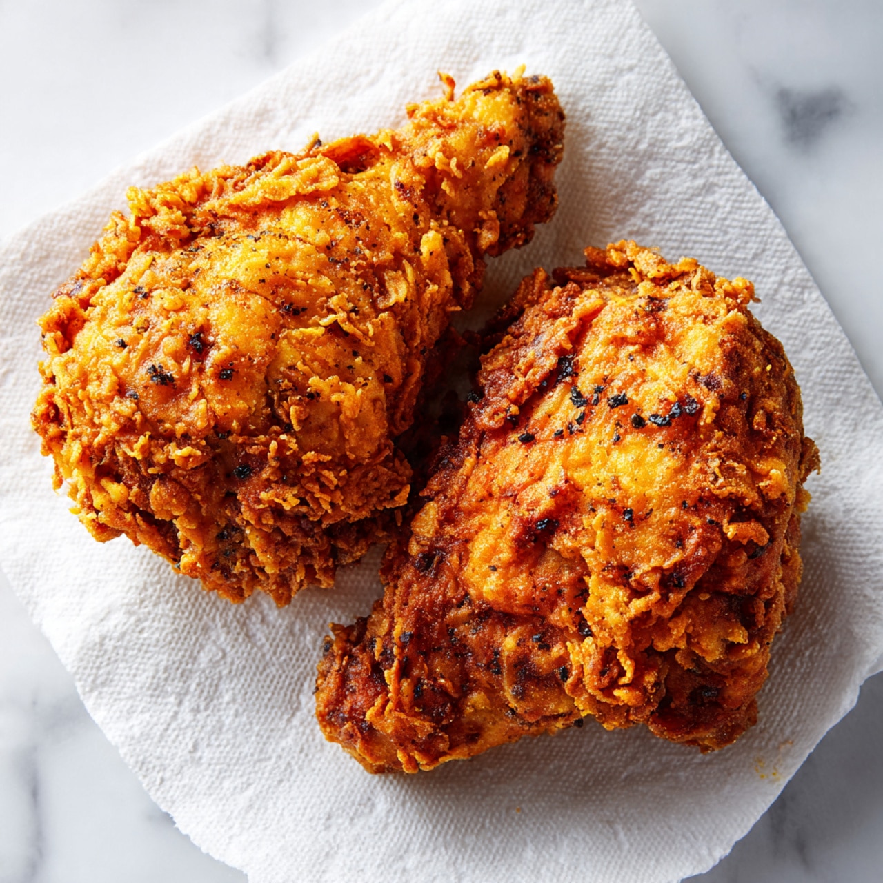Two pieces of fried chicken sit close together on a white marbled surface covered with a white textured paper towel. The chicken pieces have a rough, crispy outer layer with a golden-brown color and small dark spots showing seasoning. The fried coating is thick and uneven, with crunchy crags and little bumps covering each piece, showing a textured and inviting look. photo taken with an iphone --ar 4:5 --v 7