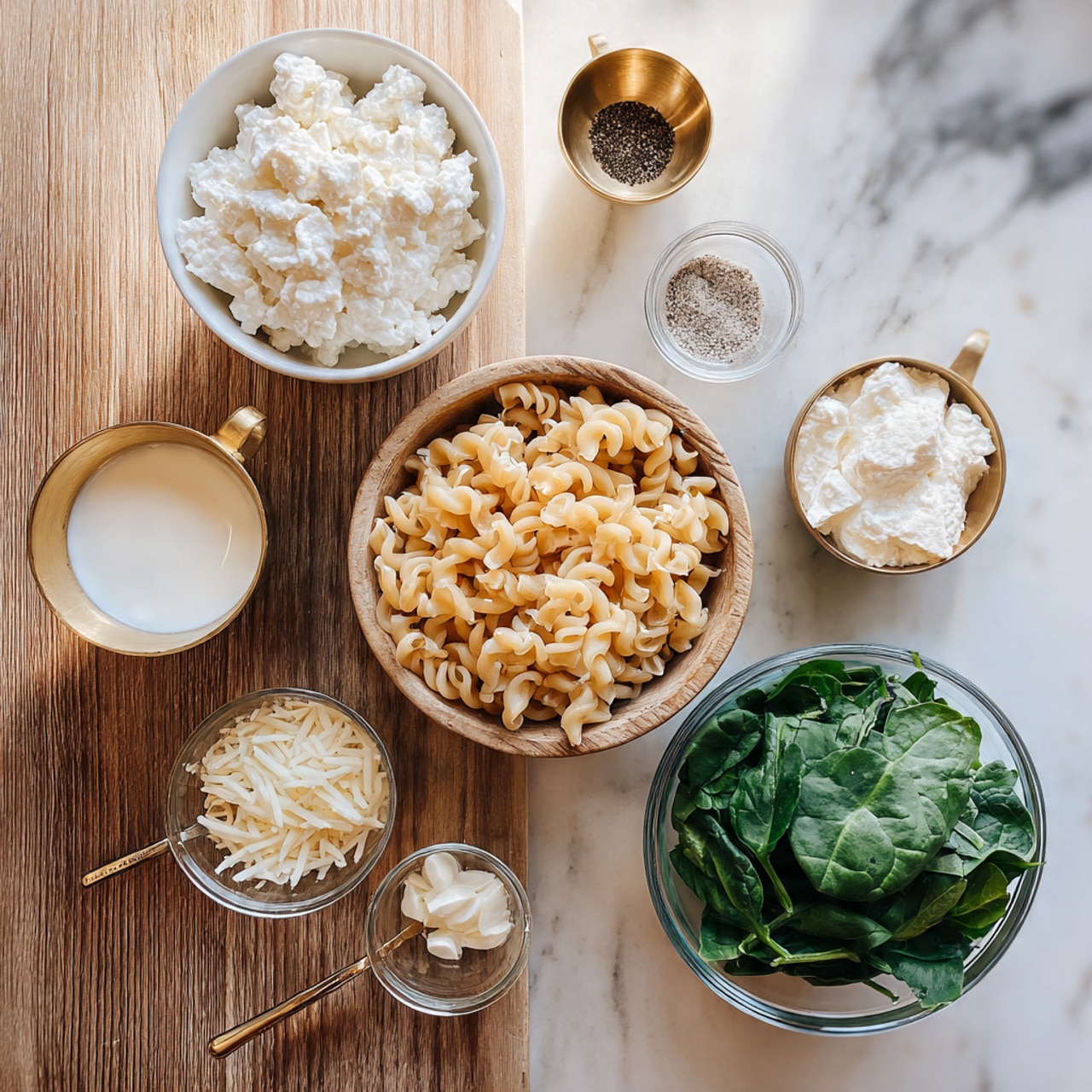 This image shows seven small bowls placed on a wooden table with a light finish. The center bowl is filled with light brown twisted pasta. To the left, a white bowl holds white cottage cheese with a lumpy texture. Above the pasta, a clear glass bowl contains salt and black pepper, each half of the bowl. To the right of the pasta, a small gold measuring cup with milk is seen. Below the pasta on the bottom left, a gold measuring spoon contains shredded white cheese, and above it, a similar spoon holds minced garlic. At the bottom right, there is a clear glass bowl filled with fresh green chopped spinach. The background is changed to white marbled texture. photo taken with an iphone --ar 4:5 --v 7