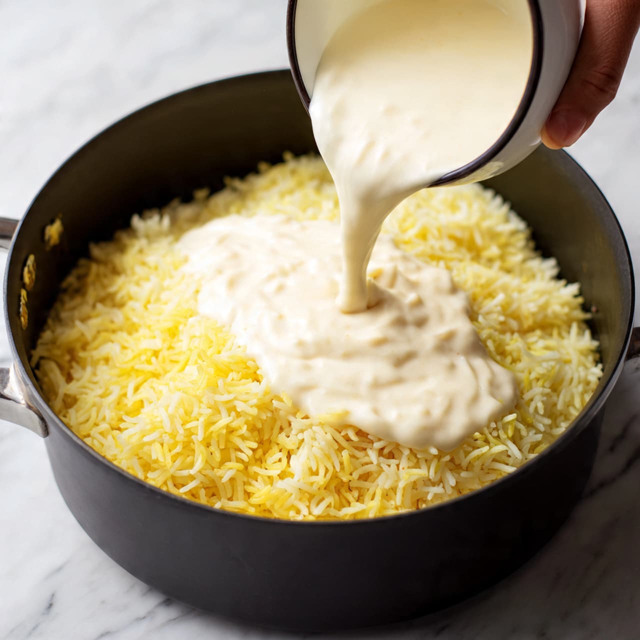 A close-up image shows a black cooking pot filled nearly to the top with soft cooked yellow rice that has a fluffy texture. On one side, creamy white sauce is being poured from a black and white bowl into the rice, and the sauce is thick and smooth, covering part of the rice layer. The pot sits on a white marbled surface, and a woman's hand is holding the bowl but is mostly out of frame. The colors mainly include the bright yellow of the rice, the white sauce, and the black pot with a matte finish. Photo taken with an iphone --ar 4:5 --v 7