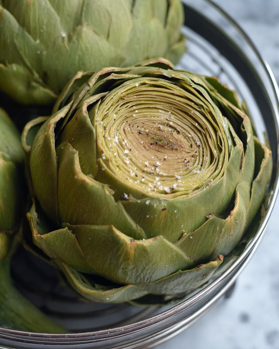 The image shows two steamed artichokes inside a metal basket. The closer artichoke has many green layers of tough petals, curved outwards and layered tightly, with some salt and pepper sprinkled on top. The center shows a swirl of lighter green, soft petals, giving a textured look. The second artichoke in the background is similar but less focused. The metal basket's frame is visible around the artichokes, and the background has a white marbled texture. Photo taken with an iphone --ar 4:5 --v 7