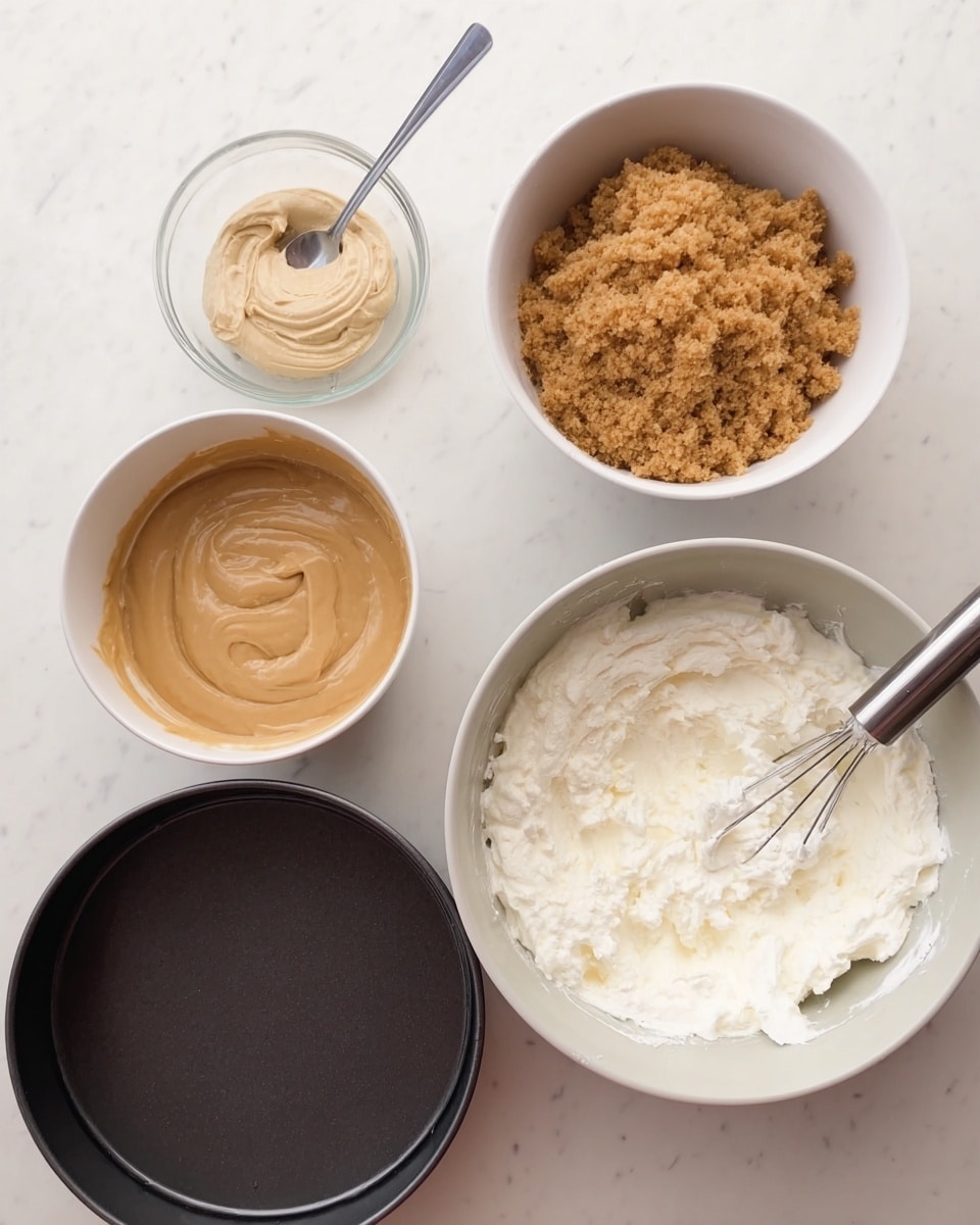 The image shows four bowls and a round baking pan arranged on a white marbled surface. In the top left, there is a small clear bowl with a light beige paste and a silver spoon in it. To the right of that is a white bowl filled with a smooth light brown mixture. Next to it, in the top right, is a white bowl containing a crumbly, slightly darker brown mixture. Below these, at the bottom right, there is a white bowl filled with fluffy white whipped cream-like substance with a metal whisk partially covered in the mixture resting inside. On the bottom left is a black round baking pan, empty and ready to use. Photo taken with an iphone --ar 4:5 --v 7