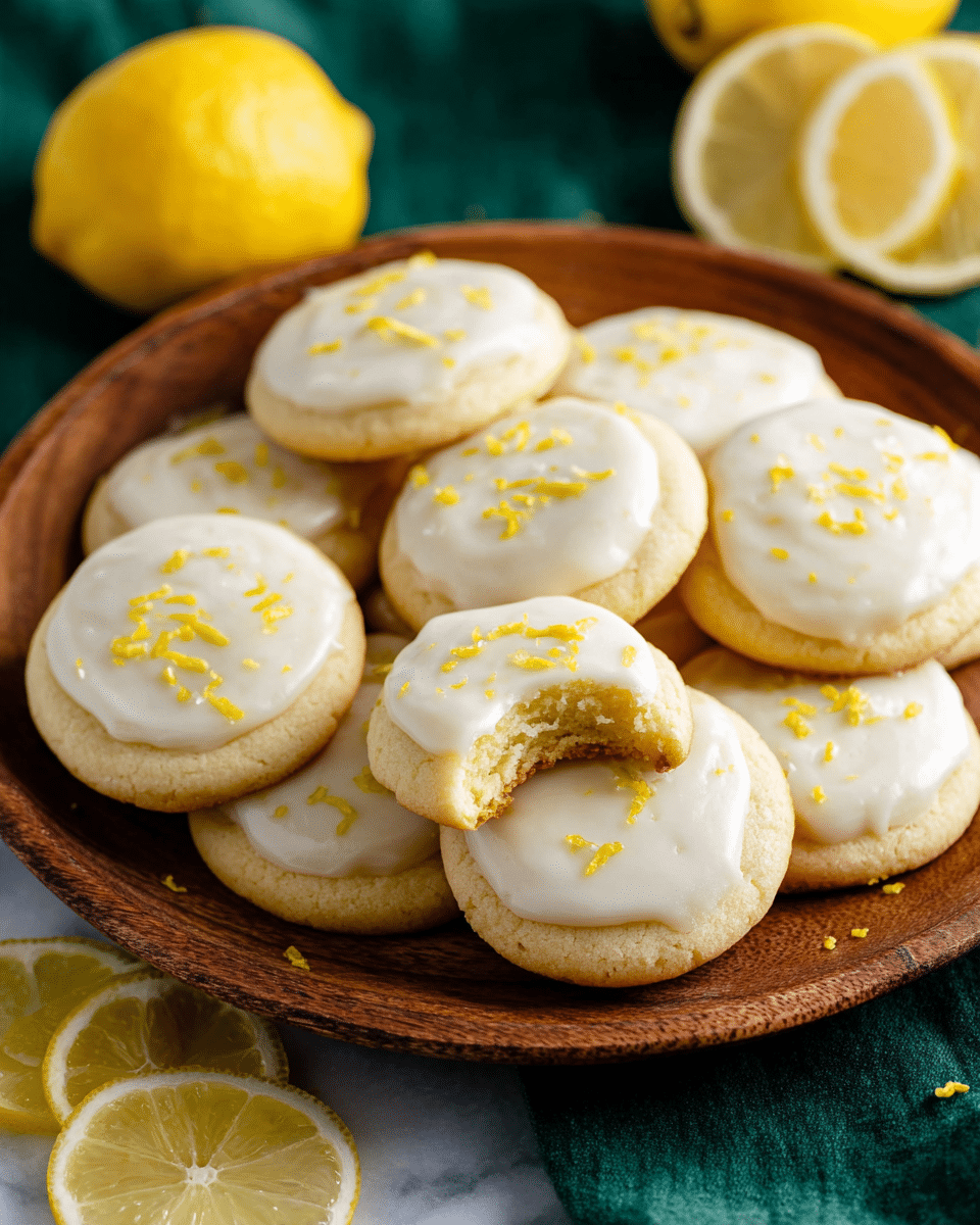 A round wooden plate is full of soft, light yellow cookies with a smooth, thick white icing layer spread evenly on top of each cookie, sprinkled with small pieces of bright yellow lemon zest. The cookies are arranged in overlapping layers, showing a slightly crumbly texture. Some fresh, whole yellow lemons and halved lemons with visible juicy insides sit around the cookies on a dark green cloth. Two cookies, one missing a bite, rest on the white marbled surface near the plate. Photo taken with an iphone --ar 4:5 --v 7