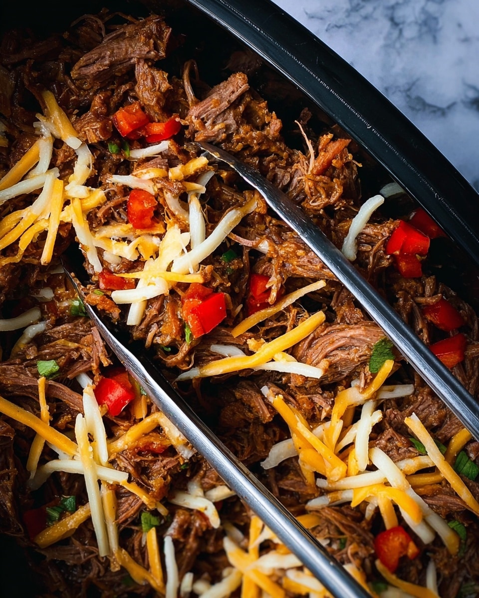 The image shows shredded brown cooked meat mixed with thin white and yellow cheese strips scattered evenly throughout. There are also small pieces of bright red chopped peppers spread over the meat. The food is in a black container with two silver tongs resting diagonally from bottom to top. The background has a white marbled texture. photo taken with an iphone --ar 4:5 --v 7