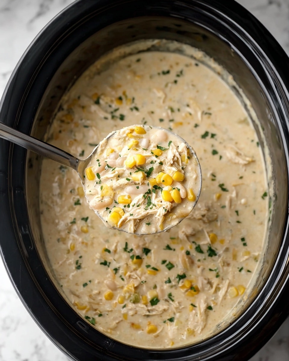 The image shows a close-up of a creamy soup inside a black slow cooker. The soup has a thick, light beige base with small pieces of white beans, yellow corn kernels, and shredded light yellow chicken mixed throughout. Small green herbs are sprinkled on top, adding spots of green. A silver ladle is lifting a portion of the soup, showing the mixture with the same colors and textures. The background around the slow cooker is a white marbled texture. Photo taken with an iphone --ar 4:5 --v 7