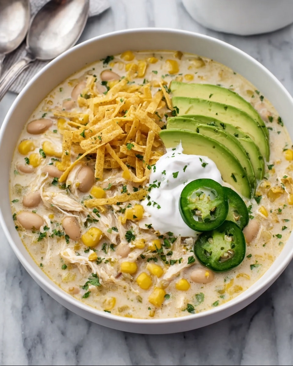 A white bowl filled with creamy soup as the base layer, filled with visible yellow corn kernels, white beans, and shredded light-colored chicken, garnished with small green herbs scattered throughout. On top are three slices of bright green avocado on one side, a small pile of golden crunchy tortilla strips on another, three round slices of fresh green jalapeño placed near the avocado, and a dollop of white sour cream in the center. The bowl is placed on a white marbled surface with a metal spoon to the left side in the background. Photo taken with an iphone --ar 4:5 --v 7