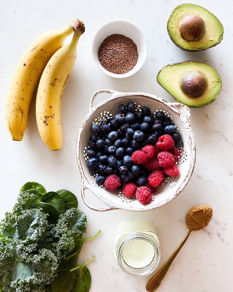 The image shows fresh ingredients on a white marbled surface. In the center, there is a white colander with a worn, rustic look, filled with a mix of deep blue blueberries and bright red raspberries. To the top left, there are three yellow bananas with small brown spots. Near the top center, a small white bowl contains a pile of brown flax seeds. To the right of the bowl, two halves of an avocado show green flesh and a large brown seed in one half. Below the colander, a small clear glass jar holds a creamy white liquid. On the bottom left, dark green kale leaves and lighter green spinach leaves lie flat. A gold spoon with creamy brown almond butter rests on the surface near the kale. Photo taken with an iphone --ar 4:5 --v 7