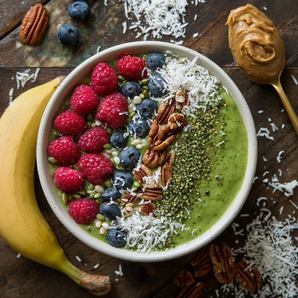A top view of a white bowl filled with smooth green smoothie base topped with bright red raspberries, small round blueberries, chopped nuts (pecans and sunflower seeds), shredded white coconut, and small green hemp seeds arranged mostly in a cluster on one side. Next to the bowl lies a whole yellow banana and a gold spoon holding brown nut butter. The background is a dark rustic wood surface sprinkled with loose coconut and a few berries, with part of another bowl of coconut visible on the side. photo taken with an iphone --ar 4:5 --v 7