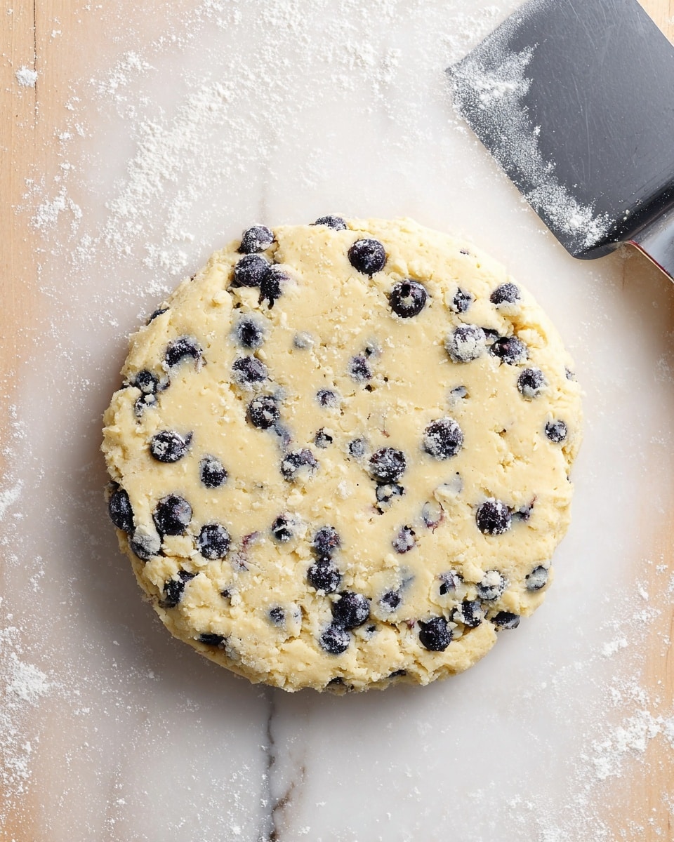 A round dough disk with a pale yellow color is mixed with many dark blue blueberries, giving it small pops of dark color throughout. The dough looks soft and slightly crumbly. It is placed on a white marbled surface that has a light dusting of white flour around it. A metal dough scraper is partly visible in the upper right corner of the image. The overall scene suggests preparation for baking. photo taken with an iphone --ar 4:5 --v 7
