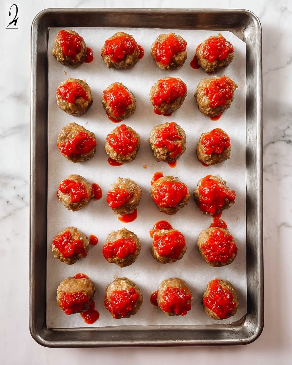 The image shows a metal baking tray lined with white parchment paper on a white marbled surface. On the tray, there are 25 round meatballs arranged in a 5 by 5 grid. Each meatball is covered with a small dollop of bright red tomato sauce, unevenly spread over the top and slightly dripping down the sides. The meatballs have a light brown, cooked texture and are evenly spaced across the tray. The photo taken with an iphone --ar 4:5 --v 7