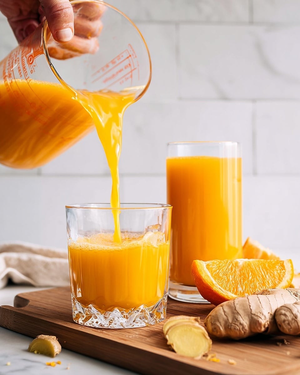 A clear glass measuring cup held by a woman's hand is pouring bright orange juice into a short clear glass, which is half full. Behind this glass, there is a taller clear glass also filled with the same orange juice. To the right side on a wooden board, there are pieces of fresh ginger root and a slice of orange. The scene is set on a white marbled surface with a soft white textured tile background. Photo taken with an iphone --ar 4:5 --v 7