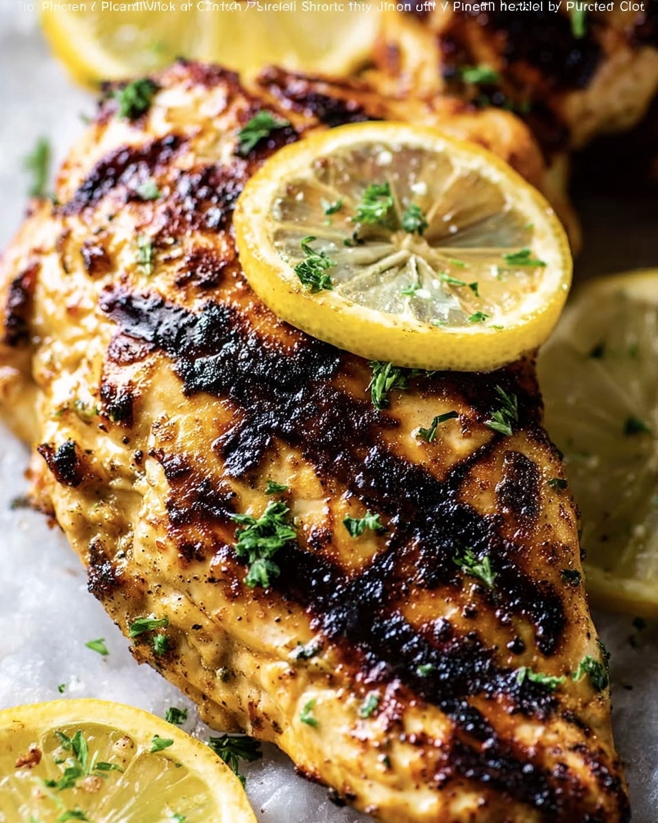 A close-up of a grilled chicken piece with a golden brown, slightly charred texture and visible small black grill marks all over. On top, there are green parsley bits sprinkled for garnish and a thin lemon slice placed at the center. Around the chicken, more lemon slices are partially visible, adding a fresh yellow color contrast. The background is a white marbled texture that highlights the vivid colors and textures of the chicken photo taken with an iphone --ar 4:5 --v 7