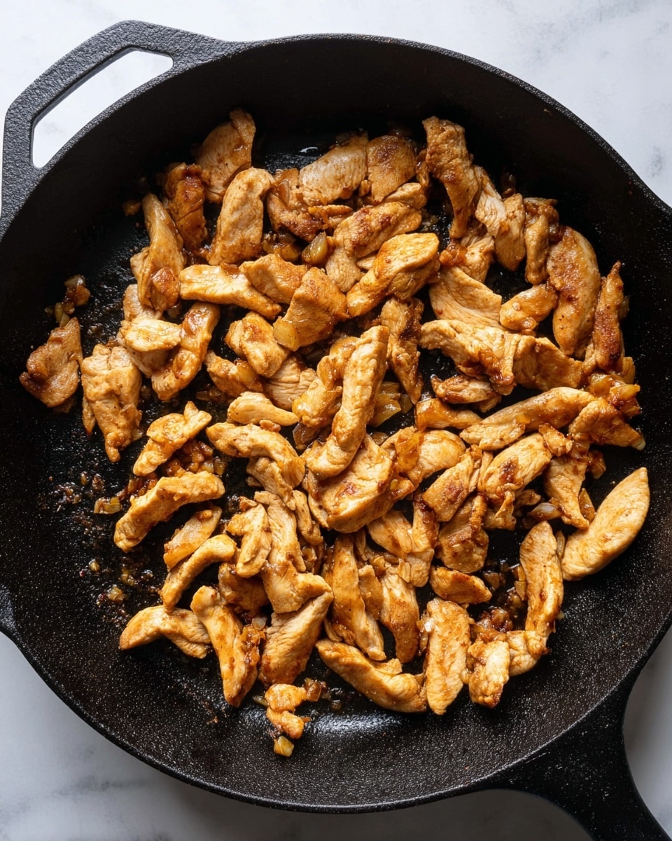 A black cast iron pan filled with many pieces of cooked chicken strips, each one showing a light brown and slightly golden color with some parts a bit darker, scattered unevenly over the textured surface of the pan. Small bits of browned garlic or seasoning are visible among the chicken strips, creating a warm, rustic look. The pan sits on a white marbled surface. photo taken with an iphone --ar 4:5 --v 7