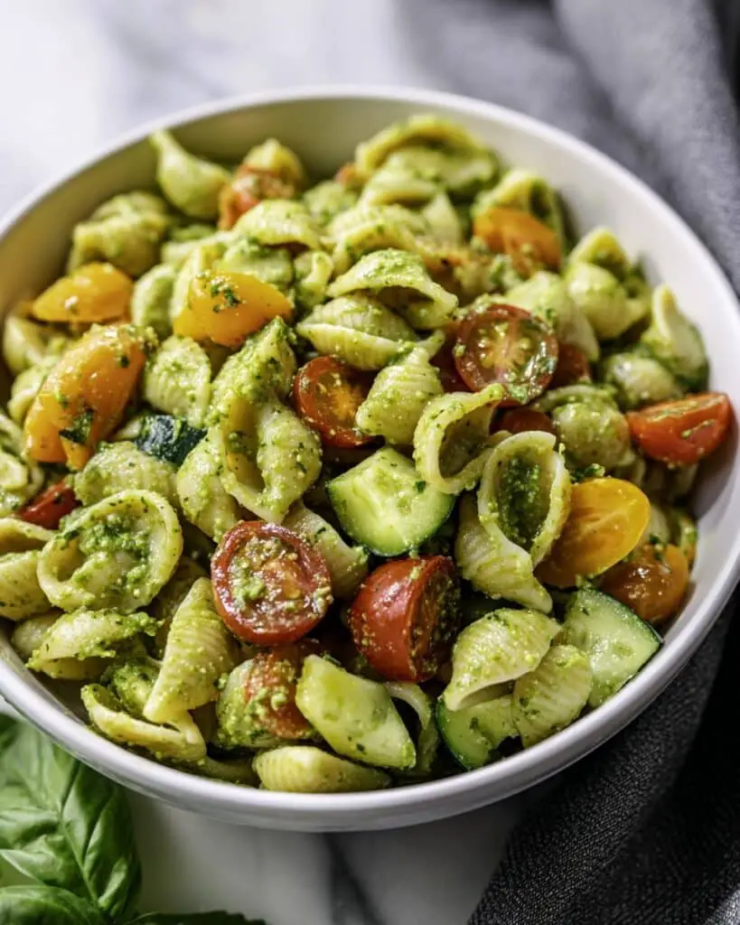 Pesto Pasta Salad with Cherry Tomatoes, Cucumbers, and Cheese Recipe