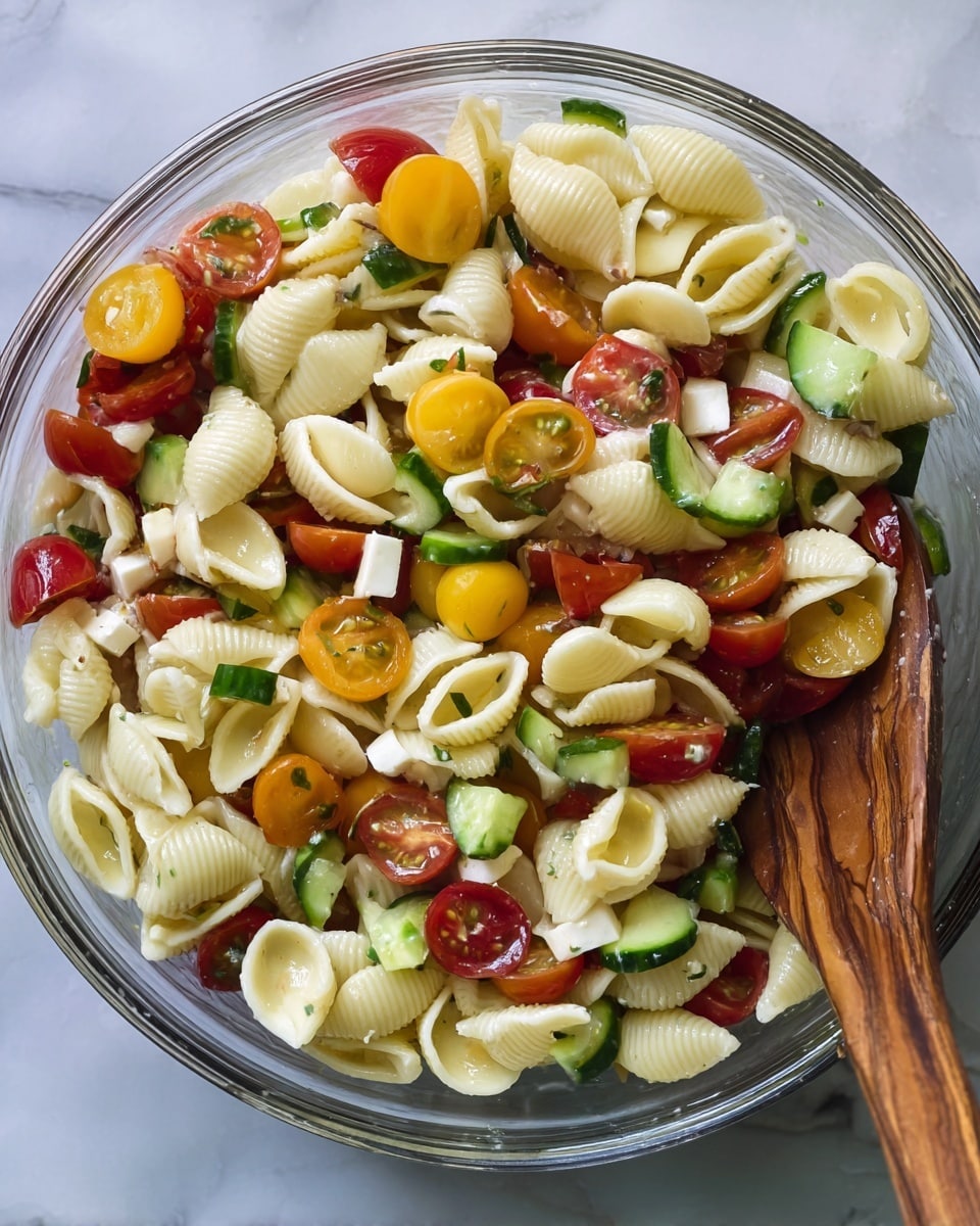 This image shows a clear glass bowl filled with a pasta salad on a white marbled surface. The salad has layers of cream-colored shell pasta as the main layer. Mixed evenly within are bright red and yellow cherry tomato halves, small round slices of green cucumber, and white cheese cubes. A wooden spoon is partly visible on the right side, holding some of the salad. The colors are fresh and vibrant with a mix of smooth, round, and slightly ribbed textures. photo taken with an iphone --ar 4:5 --v 7