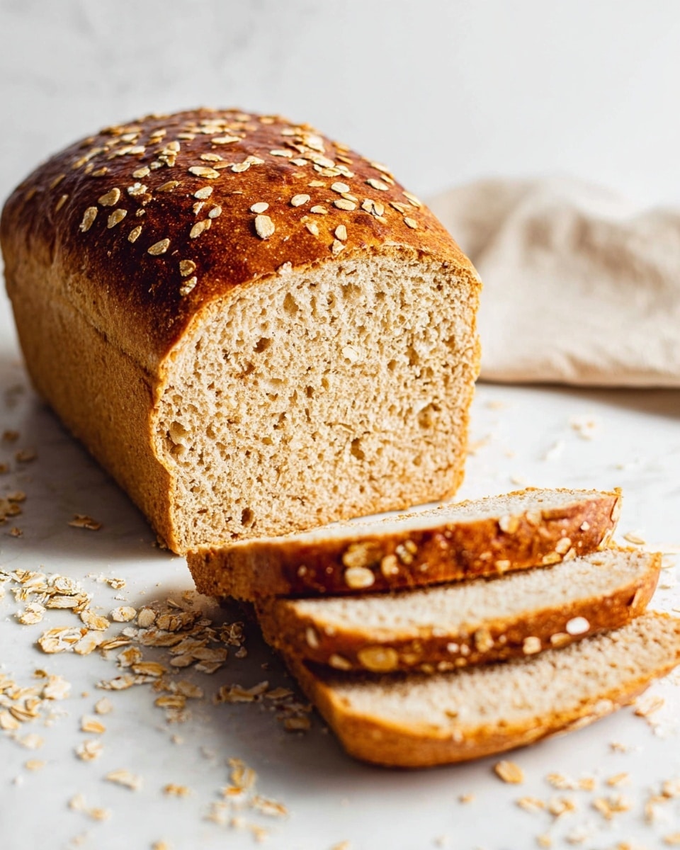 A loaf of oat bread rests on a white marbled surface, with the top crust golden brown and dotted with scattered oat flakes. Four slices are cut from the front end of the loaf, showing a soft, light tan interior with a fine, even crumb texture. Crumbs and loose oat flakes lie around the bread, enhancing the rustic, fresh-baked look. Photo taken with an iphone --ar 4:5 --v 7