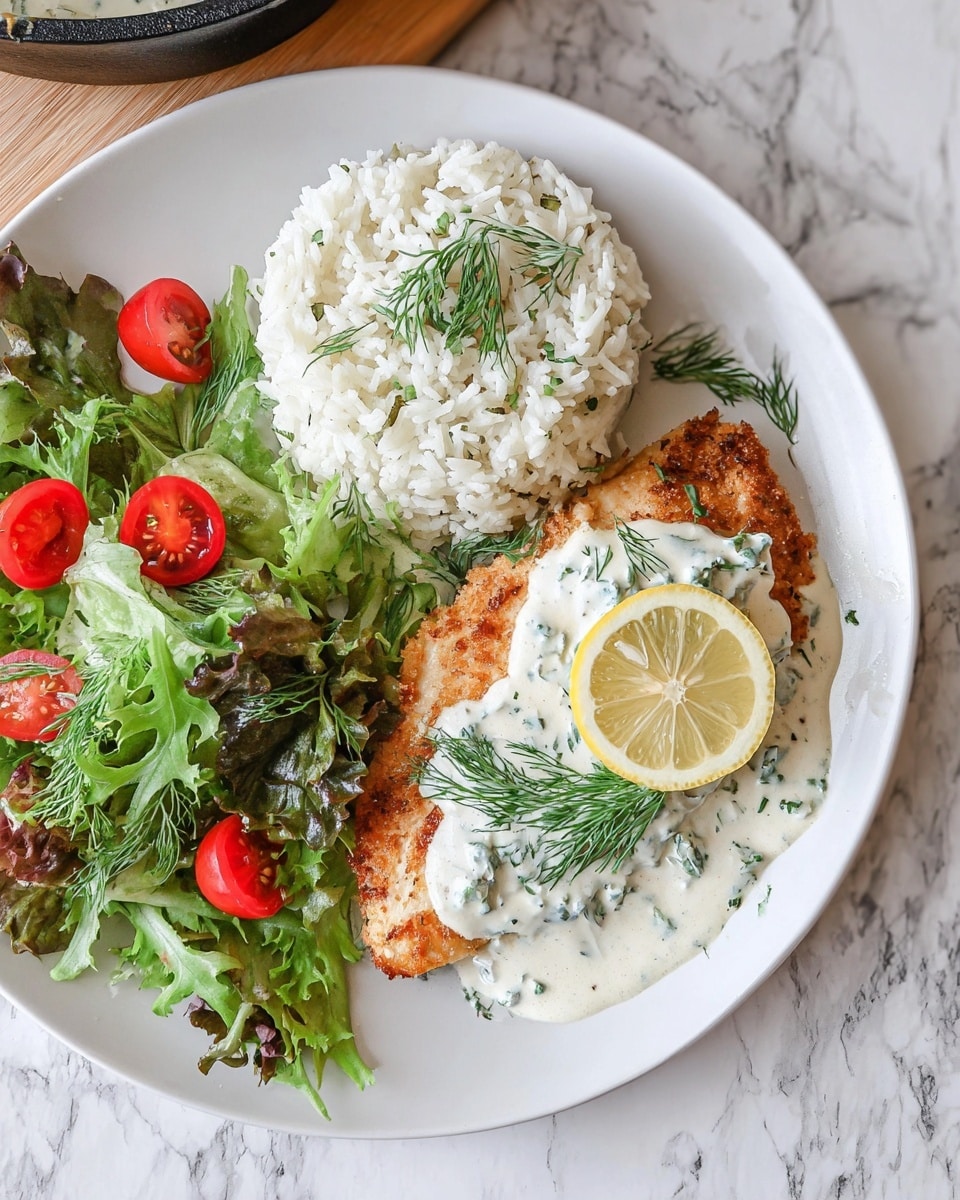 A white plate on a white marbled surface with three clear parts: on the top left, a mound of white rice mixed with green herbs; on the bottom right, a golden cooked fish fillet topped with a thick white creamy sauce, a slice of lemon, and green dill sprigs; on the left side, a fresh salad of leafy greens and halved red cherry tomatoes. The fish fillet has a slightly browned texture, and the creamy sauce looks smooth with small herb pieces. Photo taken with an iphone --ar 4:5 --v 7