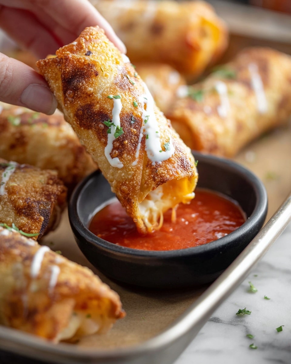 The image shows a close-up of a golden brown crispy rolled snack being dipped into a small black bowl filled with bright red sauce. The snack has a crunchy texture with visible spots of slightly darker browning and is topped with a thin drizzle of white sauce and green herb flakes. The snack is held by a woman's hand, and more of the same snacks are blurred in the background, all placed on a silver tray on a white marbled surface. Photo taken with an iphone --ar 4:5 --v 7