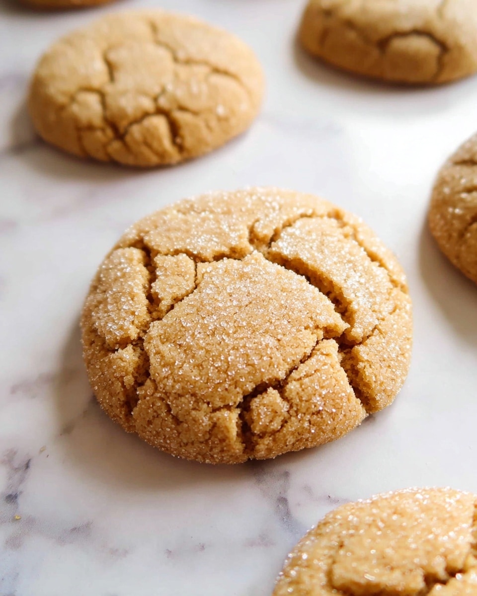 The image shows a close-up of round cookies on a white marbled surface. Each cookie is light brown with a cracked and slightly rough texture on top. They look soft with a sugary coating that gives a slight sparkle. The cookies are spaced apart, showing a gentle rise and some uneven cracks, giving a homemade feel. Photo taken with an iphone --ar 4:5 --v 7