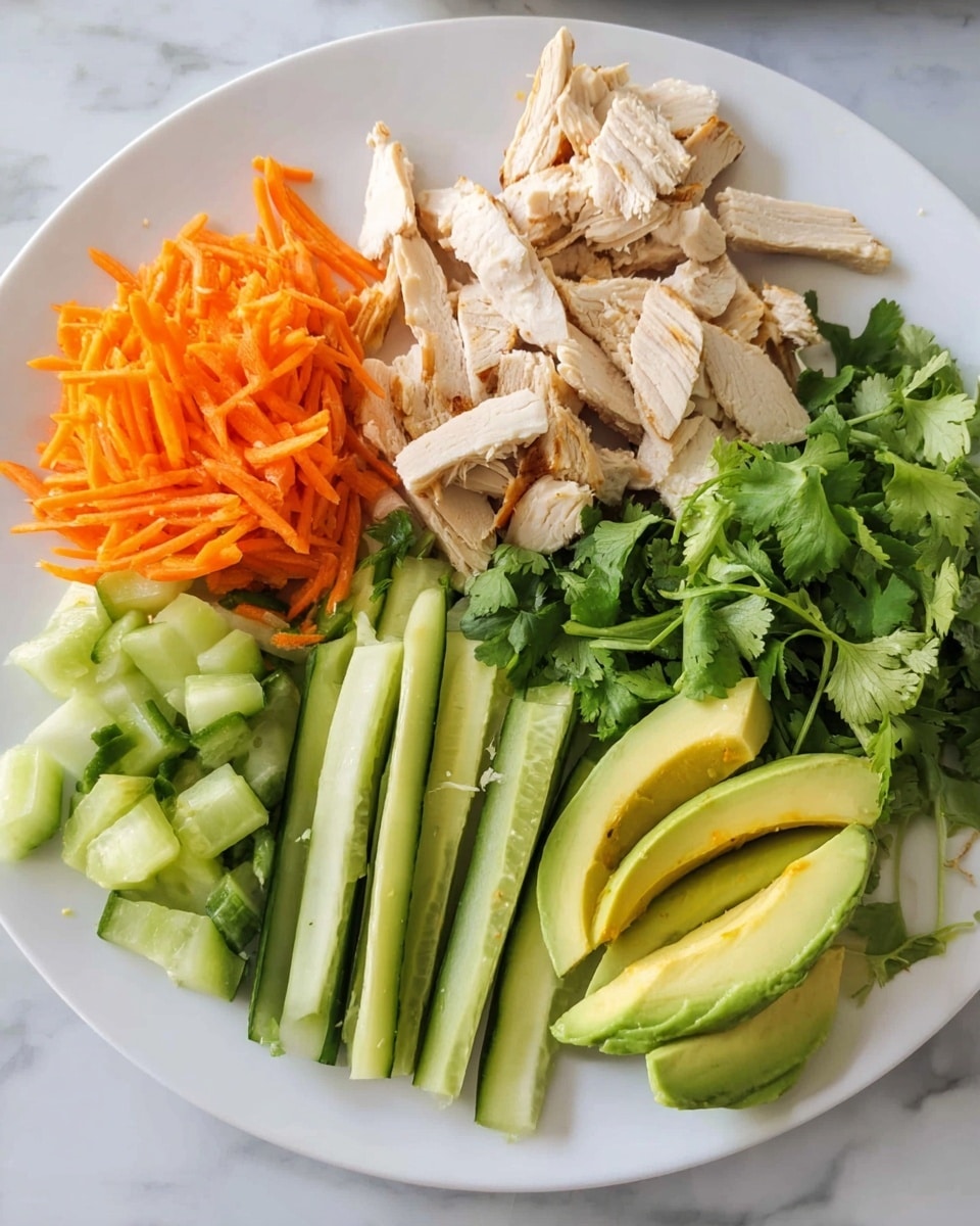 A white plate is arranged with five sections of fresh ingredients on a white marbled surface. At the top, there are pieces of cooked chicken meat, light beige with slight grill marks, cut into thick strips and placed in a small pile. To the left, a bright orange pile of shredded carrots contrasts with the chicken. Below the chicken and carrots, green cucumber sticks are stacked in a neat group, with their dark green skin and light green inside visible. To the right of the cucumber, bright green slices of avocado lay in curved pieces, showing their smooth texture. Above the avocado, fresh green cilantro leaves are placed in a loose bunch with some stems visible. Photo taken with an iphone --ar 4:5 --v 7