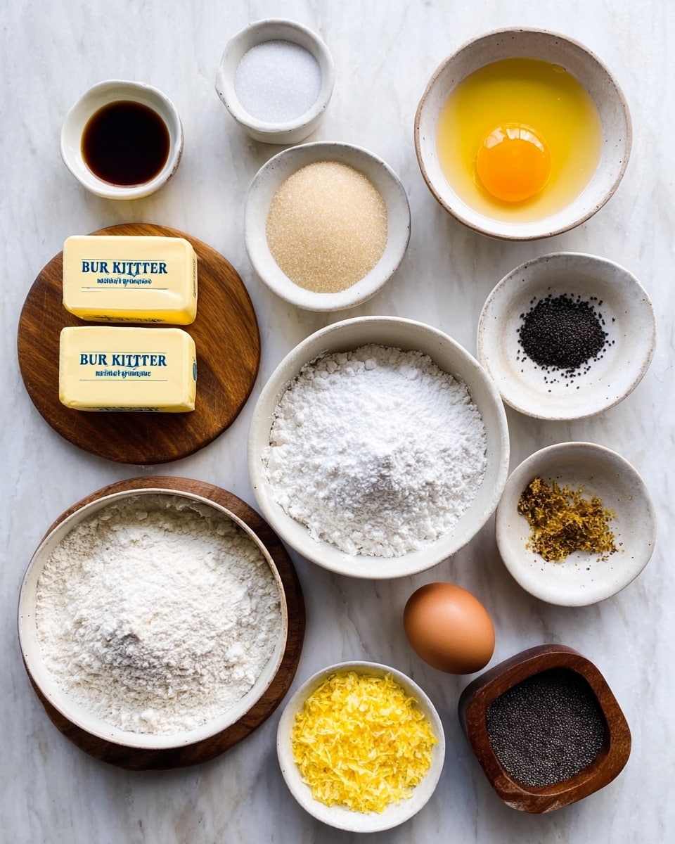 The image shows a top-down view of baking ingredients arranged neatly on a white marbled surface. There are eleven white bowls of different sizes each holding a different ingredient: two pieces of yellow butter with blue text sit on a small round wooden board near the center; a white bowl with flour has a powdery texture and is placed slightly below the butter; beside it is another large white bowl filled with granulated sugar. A couple of small white dishes hold a dark brown liquid and white powder on the upper left side; near the right are two small bowls with salt and baking powder, each in dark wooden containers. To the right, a wooden board holds a white bowl with an egg yolk inside and a brown whole egg next to it. Two other small white bowls contain a mound of yellow lemon zest and black poppy seeds respectively. The layout is clean and organized, with soft natural light. Photo taken with an iphone --ar 4:5 --v 7