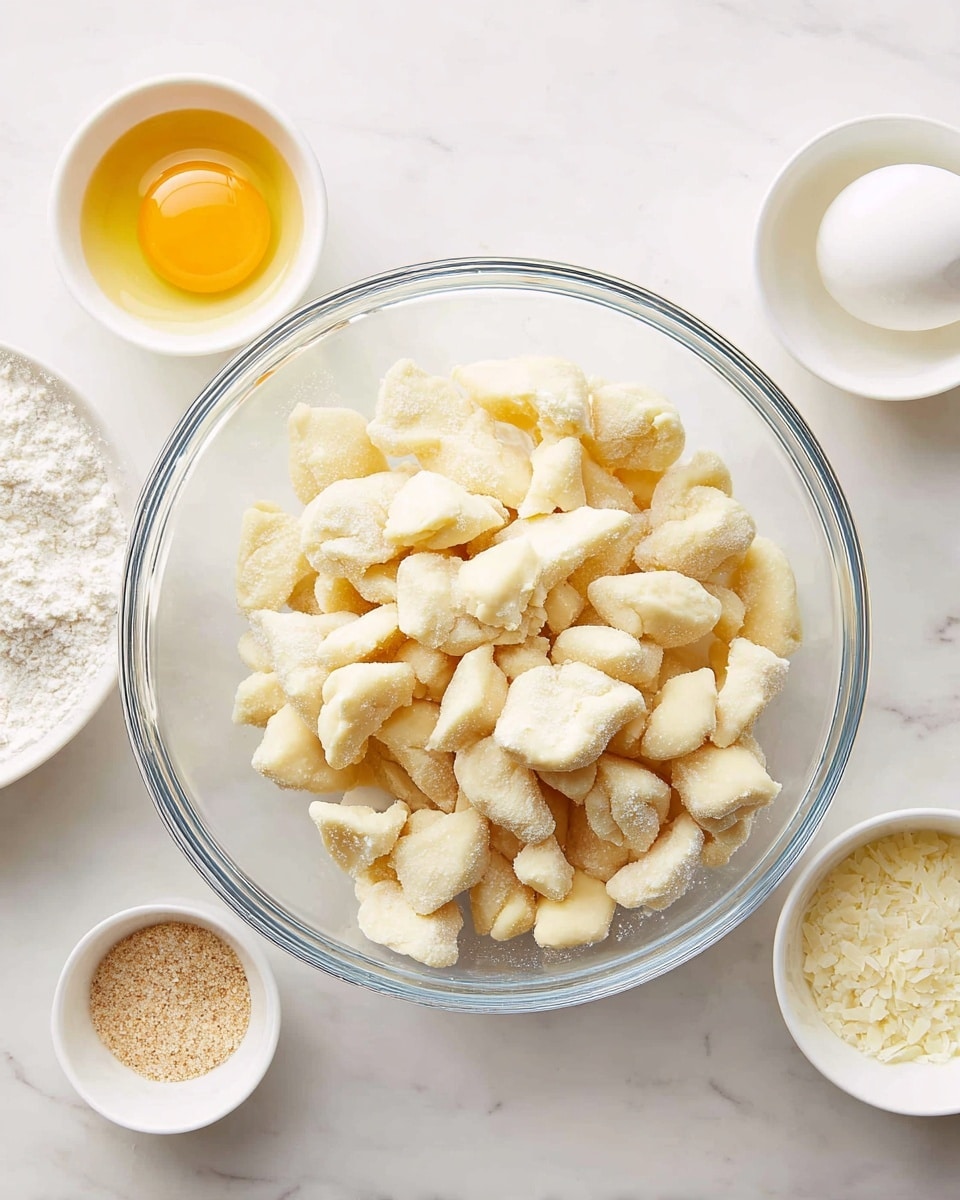 A clear glass bowl is filled with small, pale dough pieces that look soft and uneven in shape, sitting on a white marbled surface. Around the bowl, there are four small white bowls each containing different ingredients: one has white flour, another has a raw egg yolk in clear egg white, the third contains a light brown granular substance, and the last holds white granules that could be salt or sugar. The overall color scheme is light with soft whites and pale yellows. photo taken with an iphone --ar 4:5 --v 7