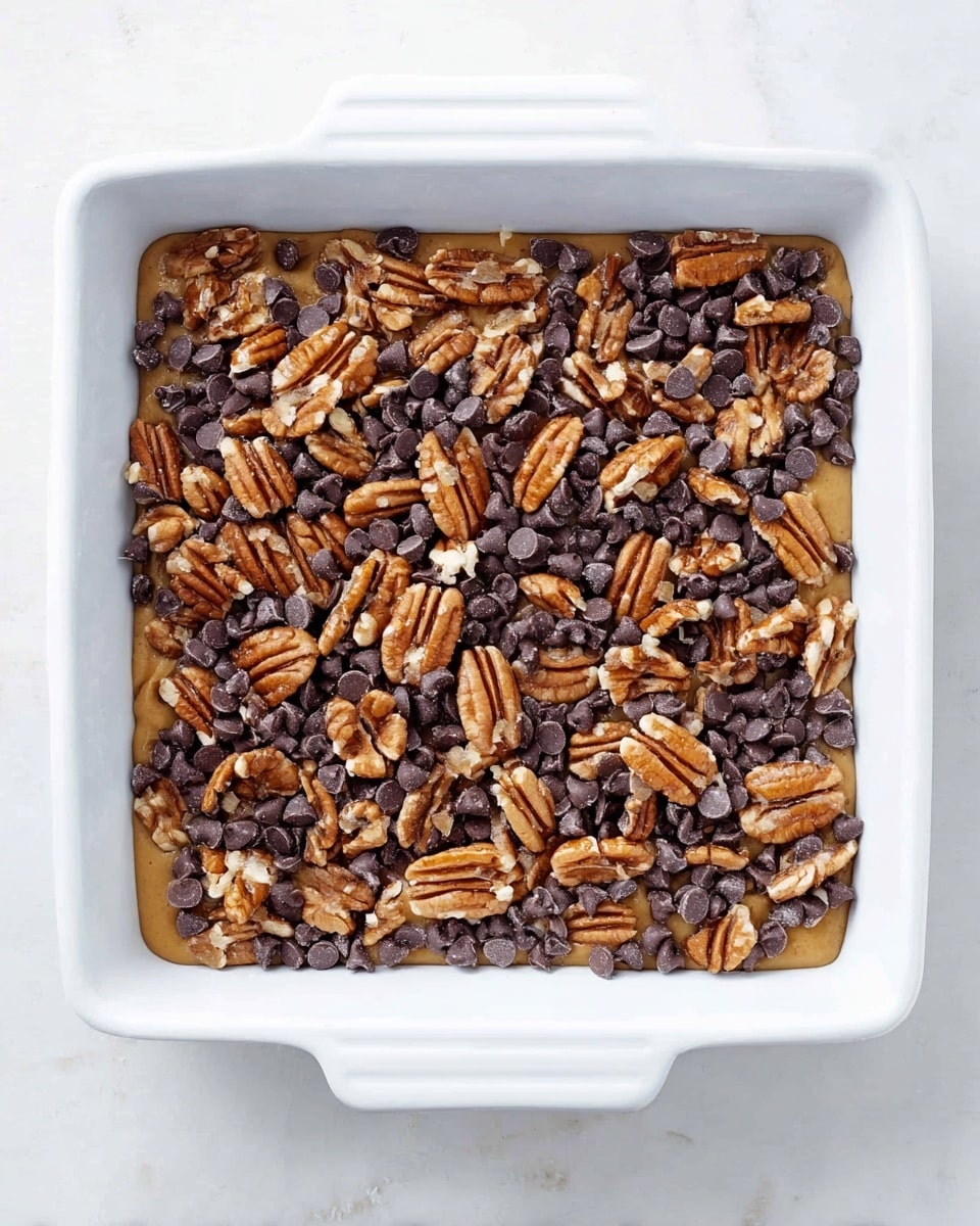 A white square baking dish holds a three-layer dessert. The bottom layer is light brown and smooth, looking like soft dough spread evenly across the base. On top, there is a thick layer of dark brown chocolate chips scattered all over. Mixed in are large pieces of pecan nuts with a warm brown color and a rough textured surface, evenly distributed across the chocolate chips. The dish is set against a white marbled surface. photo taken with an iphone --ar 4:5 --v 7