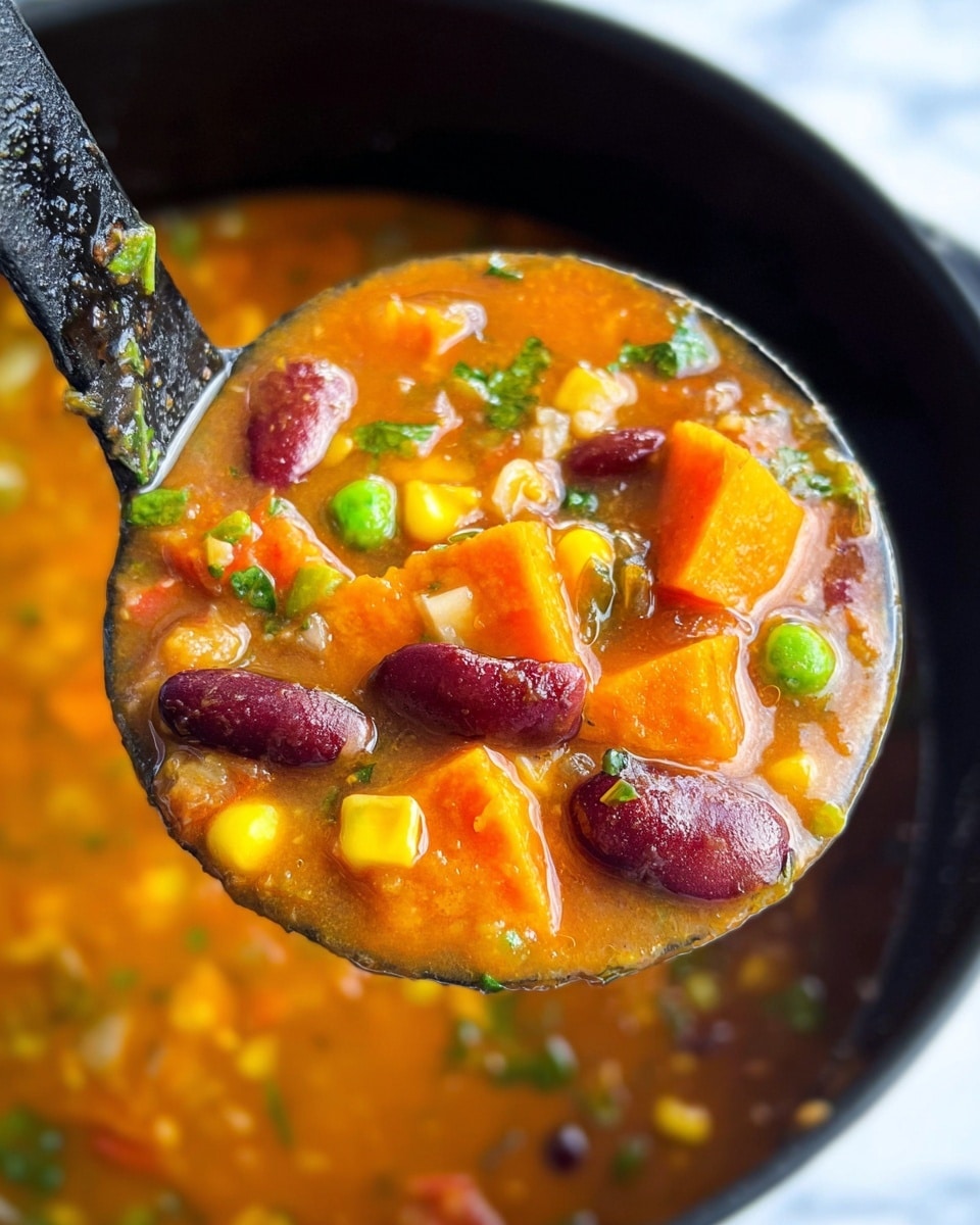 A close-up of a black ladle filled with a thick, colorful vegetable soup held over a pot. The soup has about five main visible layers: bright orange chunks of sweet potato, deep red kidney beans, yellow corn kernels, small green peas, and light grains of rice, all mixed in a rich, orange broth with a slightly oily sheen. Small green herb bits are scattered throughout, adding contrast. The background shows more soup in the pot, blurred. The scene sits on a white marbled surface. Photo taken with an iphone --ar 4:5 --v 7