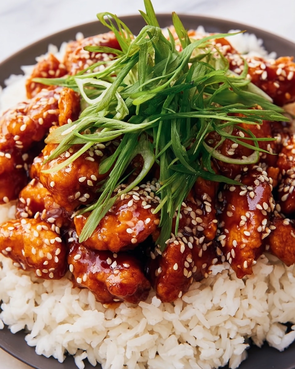 A close-up dish with three layers: on the bottom, a bed of fluffy white rice with separated grains; above it, pieces of chicken coated in shiny, thick reddish-brown sauce sprinkled with white sesame seeds; on top, a bunch of fresh, bright green sliced scallions arranged in the center. The dish is served on a white plate, set on a white marbled surface. photo taken with an iphone --ar 4:5 --v 7