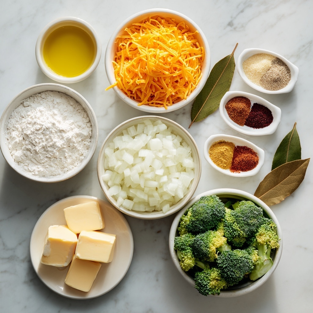 The image shows several white bowls of ingredients arranged on a white marbled surface. There are seven main elements: a bowl with finely chopped white onions in the center, a bowl with finely shredded bright orange carrots on the lower left, a bowl filled with shredded deep orange cheddar cheese on the upper right, and a bowl with small, fresh green broccoli florets on the lower right. Near the center top, there is a small white bowl with several slices of pale yellow butter. To the left of the butter, there is a small bowl with white flour, and next to it a tiny bowl with yellow oil. Above the butter bowl, there is a white dish holding three piles of different seasonings in dark red, light tan, and reddish-brown colors along with a dried bay leaf. Behind these ingredients, there are two cartons labeled half and half and chicken broth placed on the white marbled surface. The photo taken with an iphone --ar 4:5 --v 7