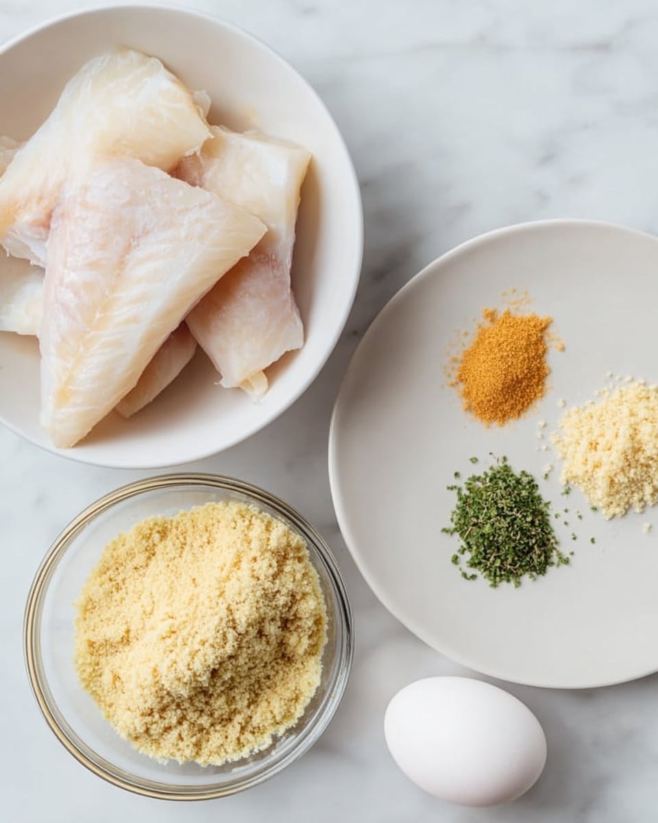 The image shows four pieces of white fish with a slight pink tint, placed loosely in a white bowl on the left side. To the right, a white plate holds three small piles of dry ingredients: one orange-yellow, one green chopped herbs, and one pale yellow powder. Below the plate is a clear glass bowl filled with crumbly yellowish flakes, and an uncracked white egg sits to the right of the bowl. All items are arranged on a white marbled surface. photo taken with an iphone --ar 4:5 --v 7