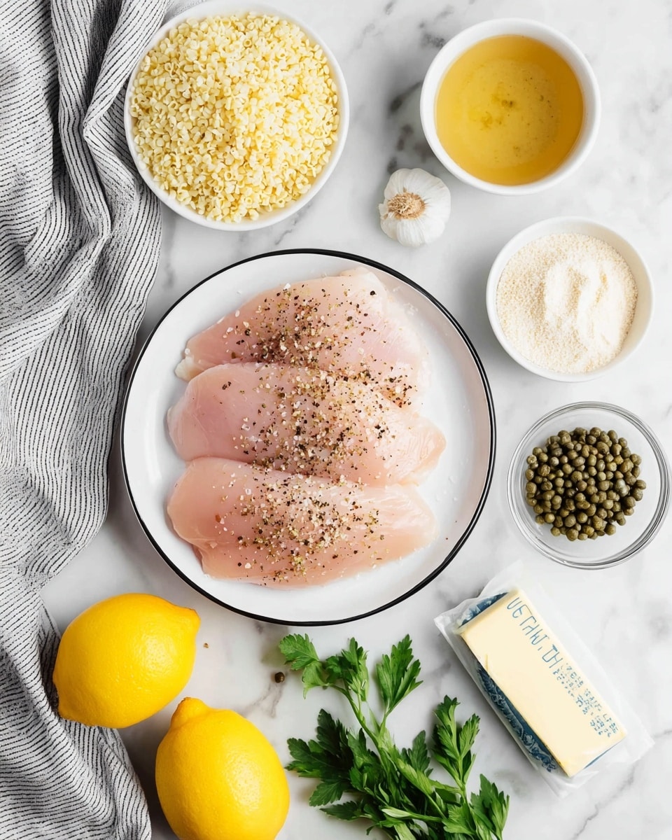 A large white plate with a black rim holds three pieces of raw light pink chicken, each sprinkled with black pepper, placed slightly overlapping each other in the center of a white marbled surface. Around the plate are small white bowls containing pale yellow orzo pasta, finely chopped white onion, white flour, and minced garlic. Next to these bowls is a small clear glass dish with dark green capers. Two bright yellow whole lemons sit on the marbled surface near a white bowl filled with golden broth, and a stick of pale yellow salted butter with blue writing lies near fresh parsley sprigs scattered around. A gray and white striped cloth is partially visible at the bottom left corner. photo taken with an iphone --ar 4:5 --v 7