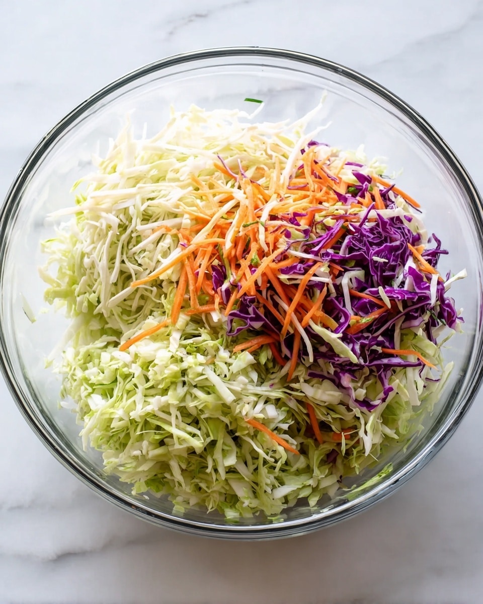 A clear glass bowl filled with three layers of shredded vegetables: the bottom layer with white cabbage pieces, the middle layer with pale green shredded broccoli stems, and the top layer scattered with thin orange carrot strips and small purple cabbage pieces, all set on a white marbled surface photo taken with an iphone --ar 4:5 --v 7