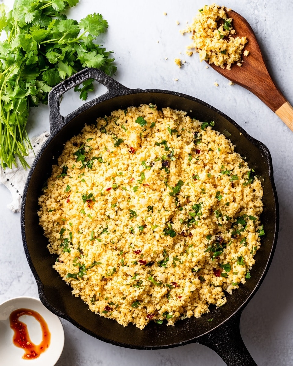 A black cast iron pan filled with cooked yellowish cauliflower rice mixed with small bits of green herbs and tiny red pieces, spread evenly inside. To the top left of the pan, fresh bright green cilantro leaves rest on a white marbled surface. On the top right, a wooden spoon with some bits of cauliflower rice sticks to it, lying flat on the white marbled surface. Below the pan, a small white bowl with a reddish sauce residue is partially visible. The scene is bright and clean, highlighting the colors and textures of the food. photo taken with an iphone --ar 4:5 --v 7