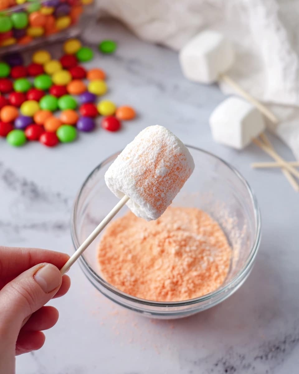 A close-up view shows a single white square marshmallow on a white stick being held by a woman’s hand at the bottom left. The marshmallow is covered with a light orange powdery coating, giving it a rough textured look. It is positioned above a clear glass bowl filled halfway with the same orange powder, sitting on a white marbled surface. In the blurred background at the top left, there is a bright scattered pile of colorful round candies in red, green, yellow, orange, and purple. Near the top right, several more plain white marshmallows on sticks and a white cloth are visible. photo taken with an iphone --ar 4:5 --v 7