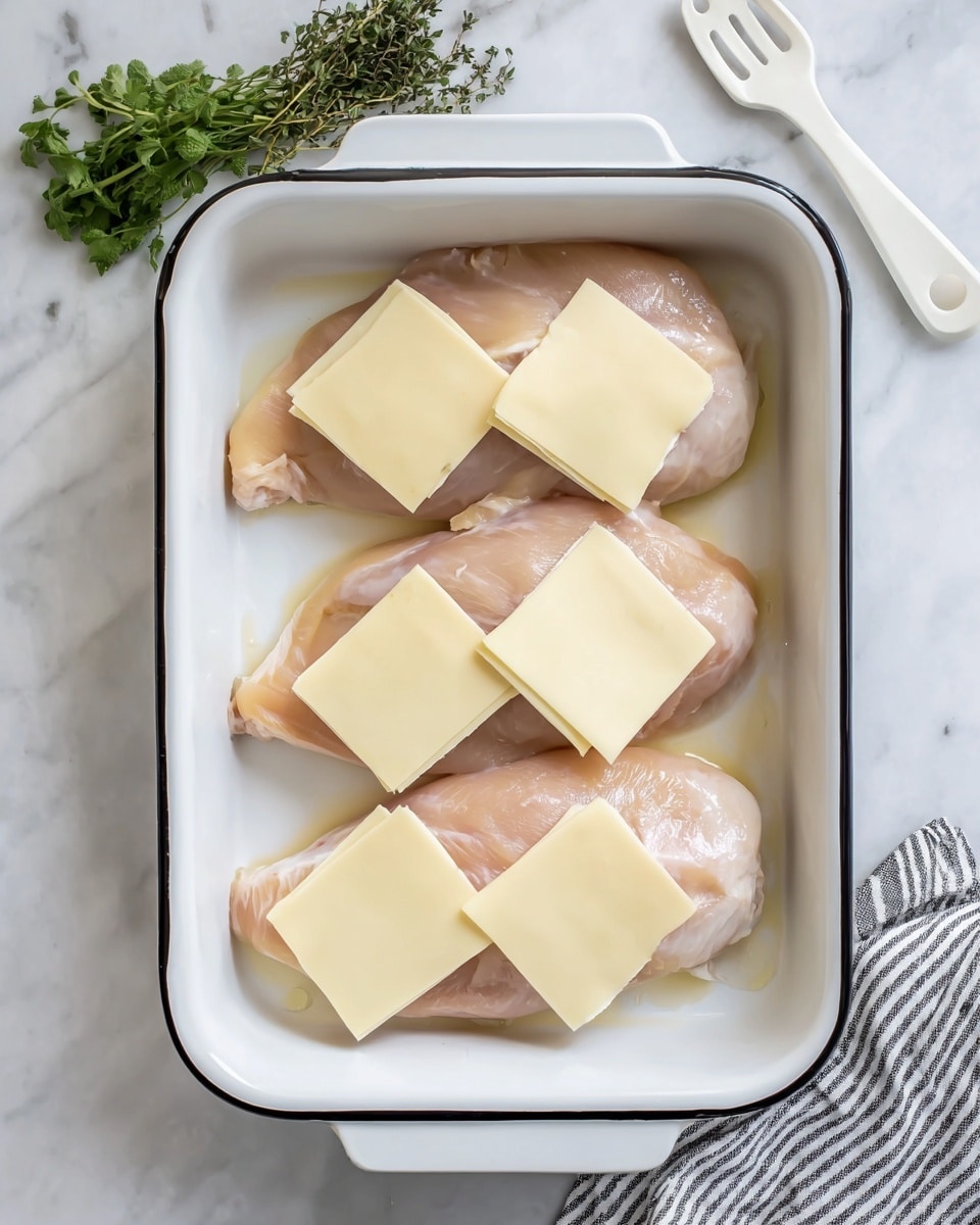 The image shows four pieces of raw chicken arranged in a single layer inside a rectangular white baking dish with black edges. Each piece of chicken is topped with a slice of pale yellow cheese, neatly placed and covering most of the surface. The baking dish rests on a white marbled surface with some green herbs on the upper left side and a white utensil above the dish. A black and white striped towel is visible on the bottom right corner. The overall scene is clean and bright with natural light. photo taken with an iphone --ar 4:5 --v 7