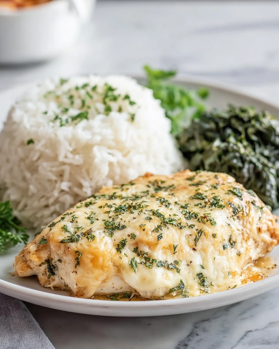 A white plate on a white marbled surface holds a meal with three main layers: in front, a thick piece of baked chicken covered with a golden-brown layer of melted cheese and sprinkled with green herbs; behind it, a mound of fluffy white rice garnished with small green herb pieces; to the right side, a small serving of dark green cooked leafy vegetables. The chicken has a creamy and slightly browned texture on top, the rice looks soft, and the greens add a contrasting color to the plate. photo taken with an iphone --ar 4:5 --v 7