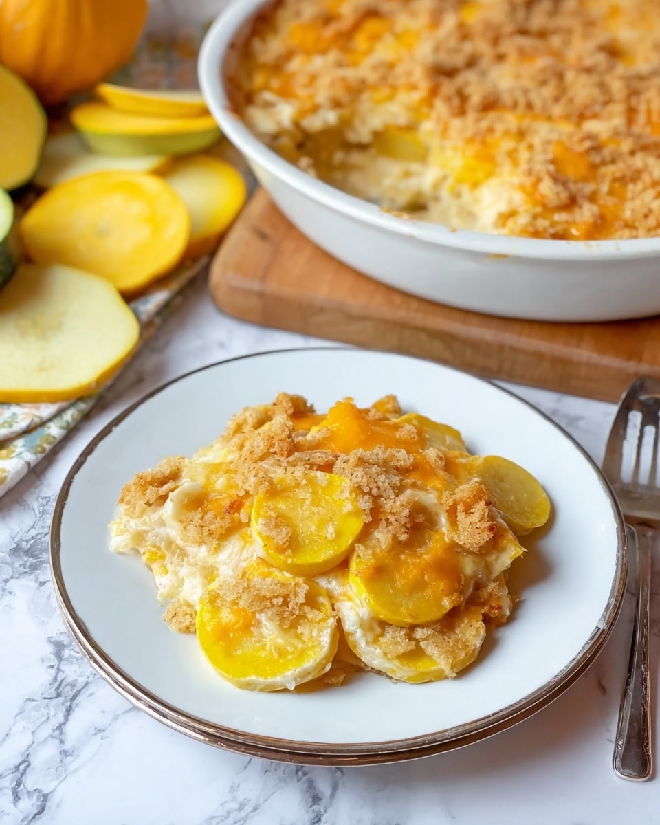 A white plate holds a scoop of baked yellow squash casserole with three visible layers: the bottom layer is soft yellow squash slices, the middle layer is creamy and slightly lumpy white sauce, and the top layer is melted, golden-orange cheddar cheese with a crunchy crumb topping. Behind the plate is a round baking dish filled with more casserole, showing the same golden, cheesy crust. The scene is set on a white marbled surface with a few raw squash slices and a spoon nearby, adding to the cozy, homemade feel. photo taken with an iphone --ar 4:5 --v 7