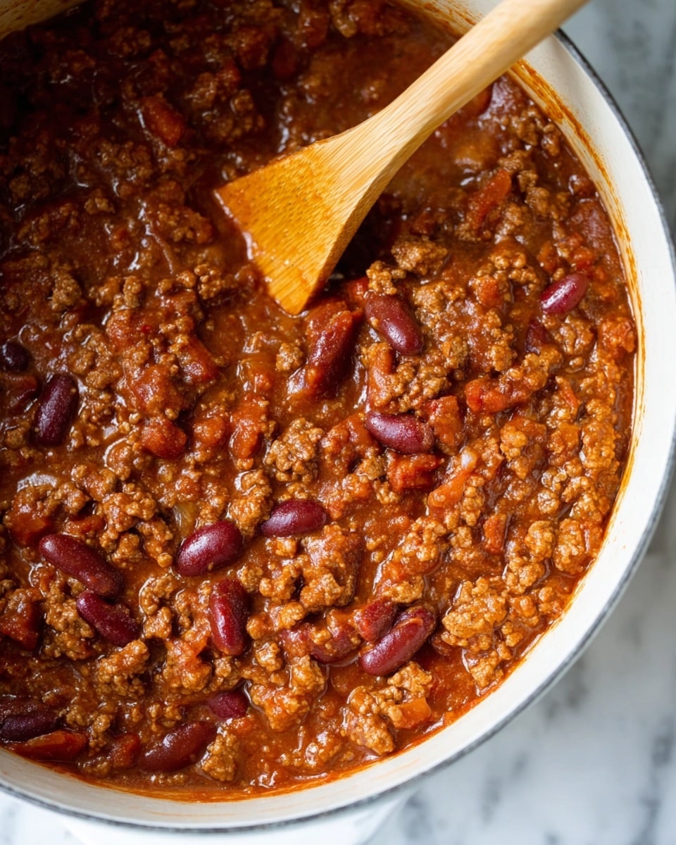 A close-up view of a white pot filled with thick chili containing multiple layers of textures and colors. The bottom layer is a rich, chunky sauce in deep red and brown colors with glossy highlights. Scattered throughout are medium-sized red kidney beans and small chunks of cooked onion, adding light beige spots. Ground meat pieces in varying shades of brown create a dense, crumbly texture across the surface. A wooden spoon is partially immersed in the chili, with its smooth light brown texture contrasting with the dish. The background features a white marbled surface. Photo taken with an iphone --ar 4:5 --v 7