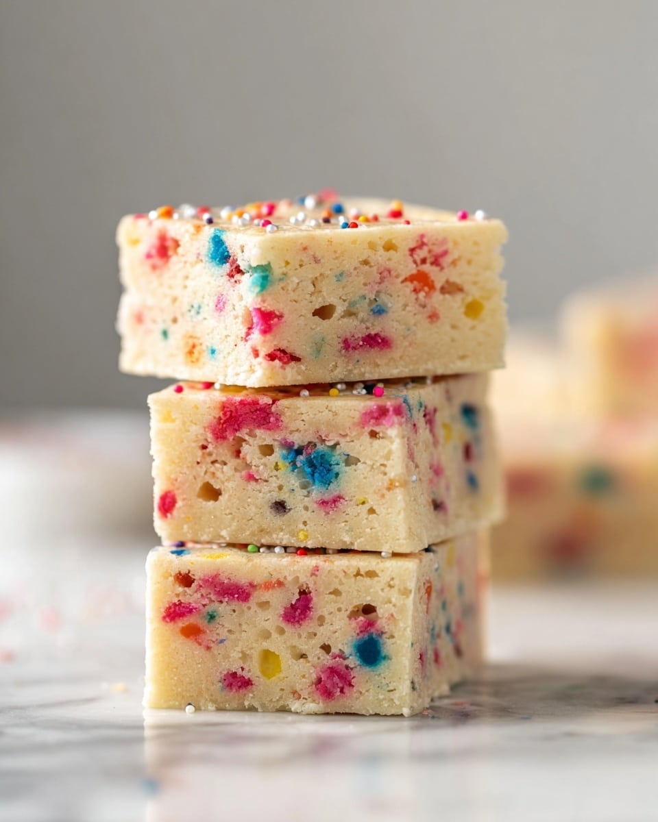 The image shows a stack of four rectangular blondie bars with colorful sprinkles inside them. The bars have a smooth light beige surface with bright red, blue, and yellow specks scattered throughout. The bottom layer has two bars side by side on white parchment paper, the third layer is a single bar placed horizontally, and the top layer is one bar placed vertically. The edges are straight and clean, showing the dense but soft texture inside. The background is a white marbled surface with some blurred white objects in the back. Photo taken with an iphone --ar 4:5 --v 7