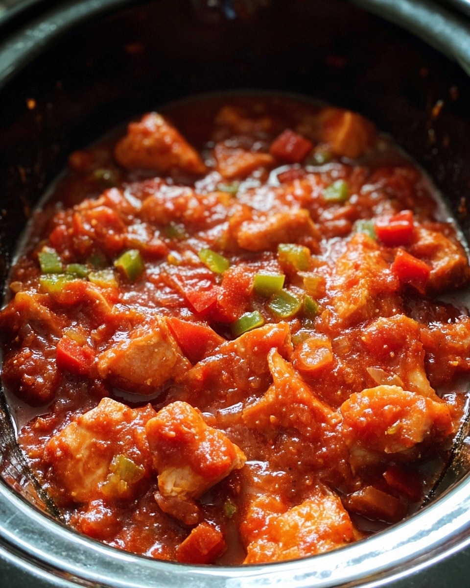 The image shows a close-up of a dish in a slow cooker filled with pieces of light orange meat fully covered with a thick red sauce mixed with small pieces of green and red vegetables. The texture looks soft and juicy with the sauce glistening under the light. The surface around the slow cooker is a white marbled texture. photo taken with an iphone --ar 4:5 --v 7
