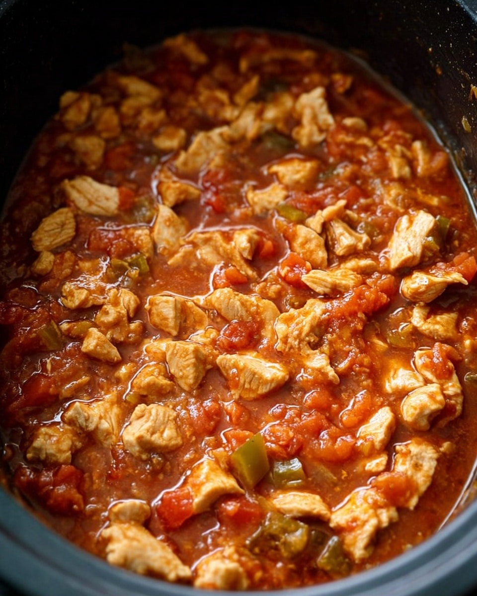 This image shows a close-up of a pot filled with a chunky stew made of small pieces of cooked chicken in a thick, reddish-orange sauce. The sauce has visible bits of diced tomatoes and small green pieces that look like chopped vegetables, giving the mixture a textured and hearty look. The chicken pieces are light brown and slightly browned on the edges, spread evenly throughout the sauce. The pot has a black interior and the food fills it nearly to the top, making the dish look rich and ready to be served. Photo taken with an iphone --ar 4:5 --v 7
