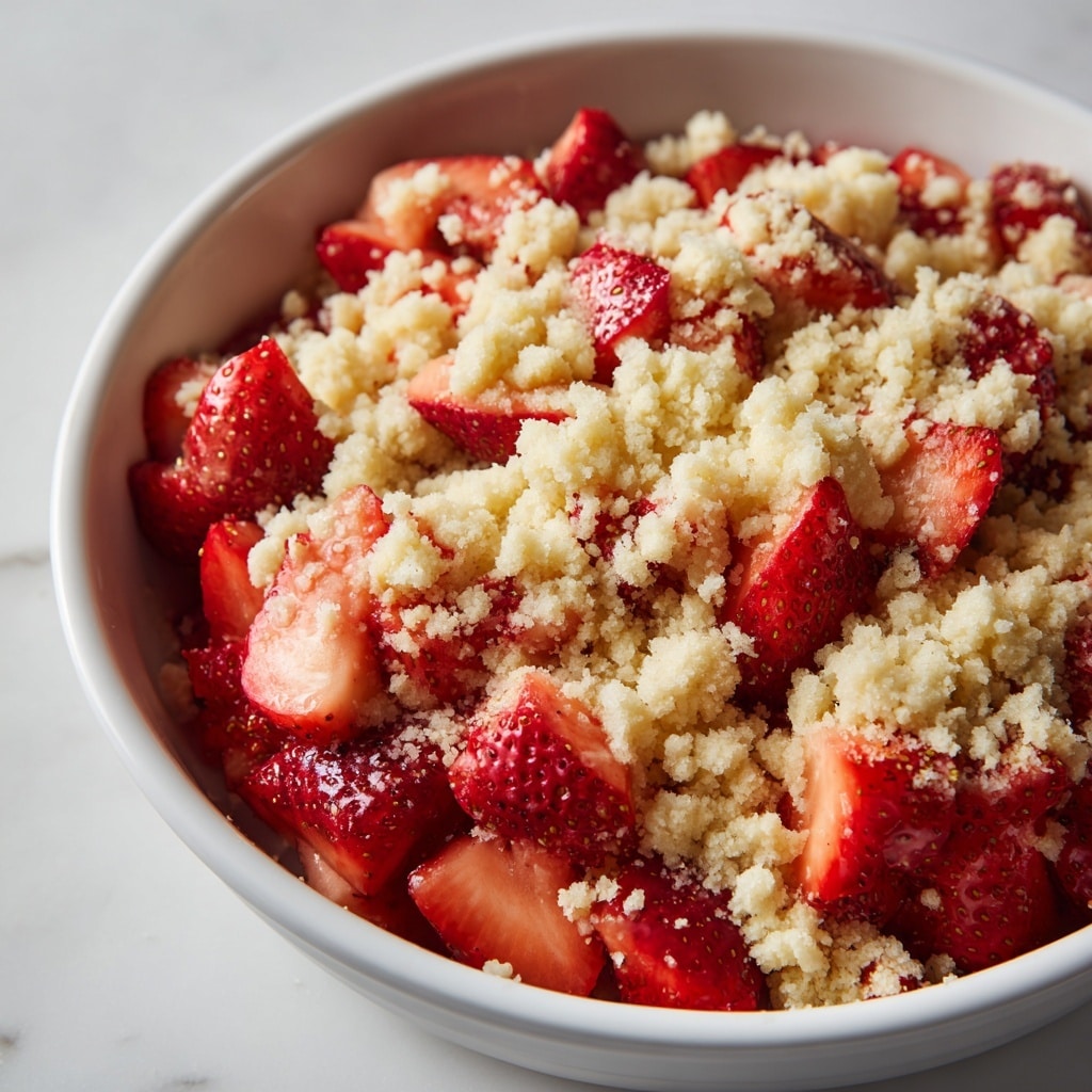 A close-up view of a white dish filled with two layers: the bottom layer is made of bright red fresh strawberries cut into pieces, while the top layer consists of a crumbly, pale beige dough unevenly spread over the fruit. The dish sits on a white marbled surface, and the photo captures the texture details of both the soft, juicy strawberries and the coarse, crumbly dough on top. Photo taken with an iphone --ar 4:5 --v 7