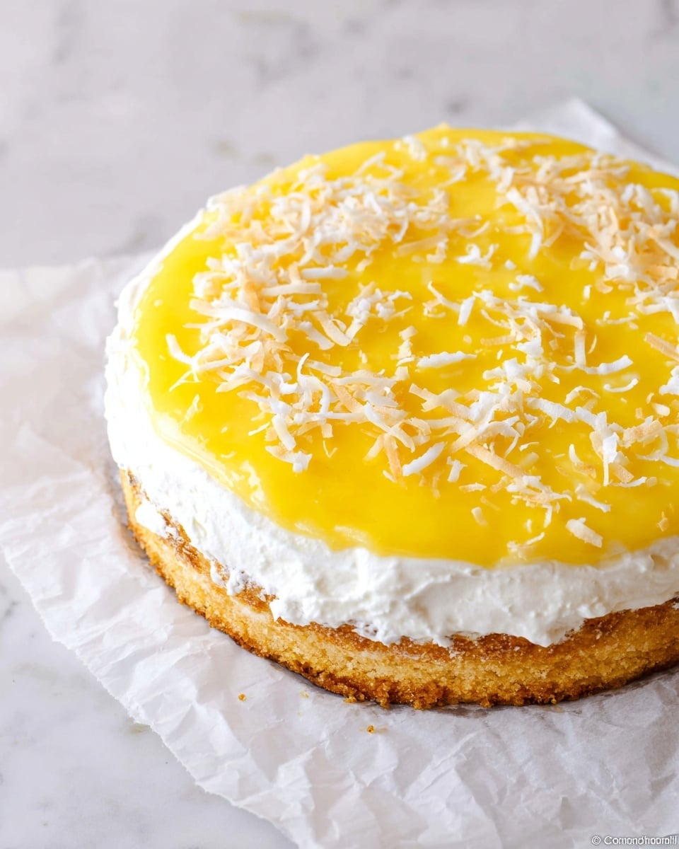 The image shows a round three-layer cake placed on white parchment paper on a white marbled surface. The bottom layer is a soft golden cake base. The second layer is thick and white, fluffy cream spread evenly across the cake. On top of the cream layer is a smooth, bright yellow lemon glaze with a shiny texture, spread in a circle but not covering the edges. White shredded coconut pieces are sprinkled lightly over the yellow glaze, creating a contrast in texture and color. Photo taken with an iphone --ar 4:5 --v 7