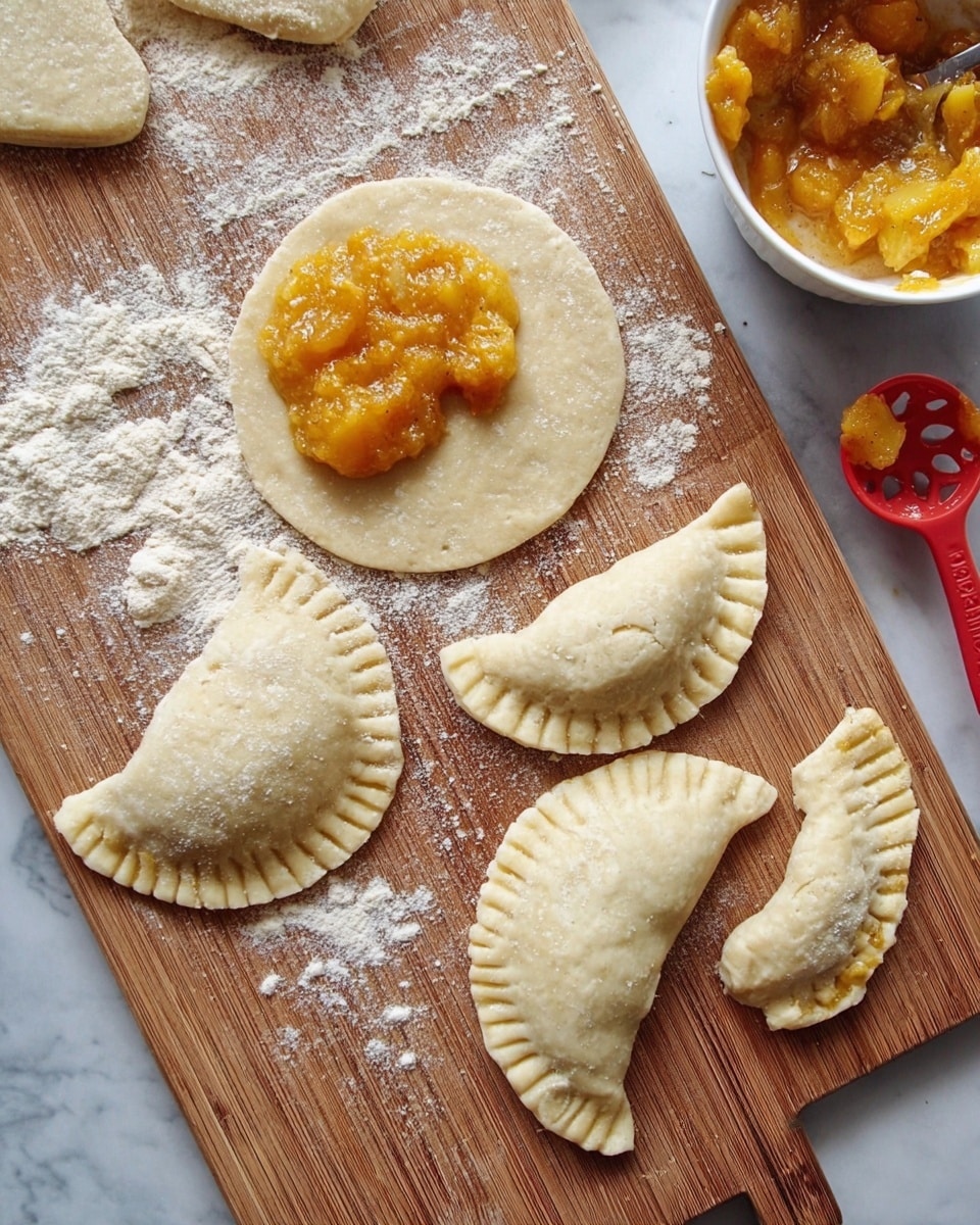 The image shows a wooden board with dough circles being filled with a chunky orange-yellow fruit mixture. One dough circle has a bright, textured filling on top, while two half-moon-shaped pastries are already folded and sealed with fork marks on the edges, creating a ridged pattern. Loose dough scraps and flour dust spread around the board add to the rustic feel. In the top right corner, a white bowl holds more of the chunky fruit mixture, and next to it is a red measuring spoon with some filling inside. The background is a white marbled surface. photo taken with an iphone --ar 4:5 --v 7