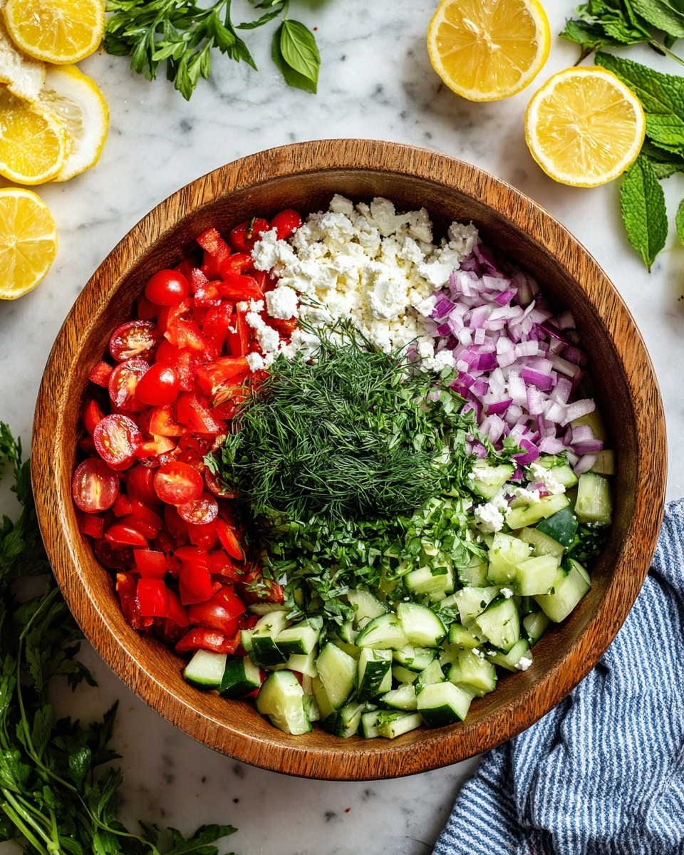 A wooden bowl filled with seven layers of fresh salad ingredients is centered on a white marbled surface. Starting at the bottom layer, diced bright green cucumbers cover about one-seventh of the bowl. Next to them are deep red cherry tomatoes, sliced in halves with visible seeds. Above the cucumbers is a layer of finely chopped purple onions. In the middle of the bowl sits a mound of fresh dark green dill with feathery texture. To the right of dill is chopped basil, which is dark green and finely sliced. Next to the basil is a pile of crumbled white feta cheese. At the top left section of the bowl are bright red diced bell peppers. Around the bowl on the surface are lemon halves and slices, fresh green herbs, and a blue striped cloth. Photo taken with an iphone --ar 4:5 --v 7