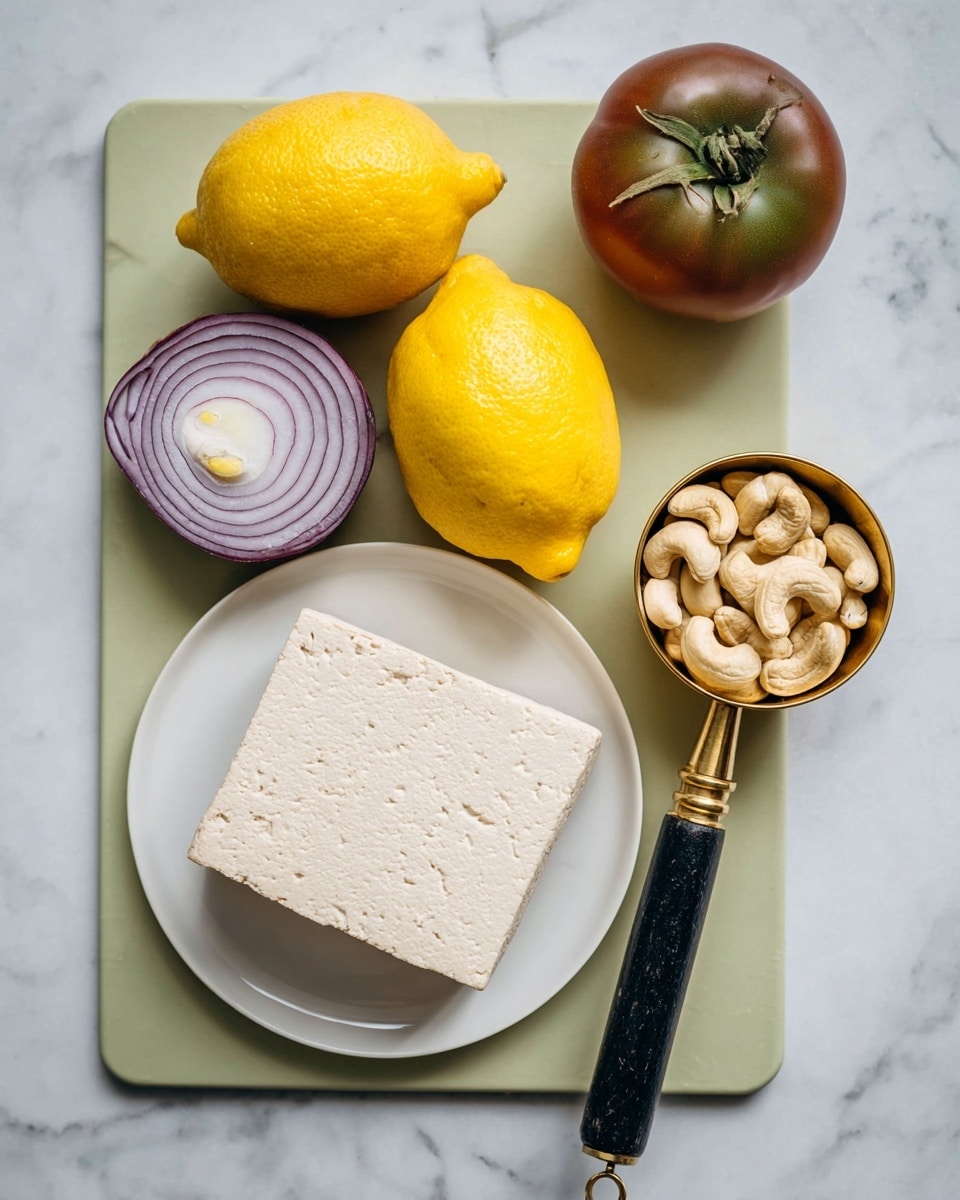 The image shows a simple arrangement of fresh ingredients on a white marbled surface. At the center bottom, there is a white plate holding a single large block of pale beige tofu with a slightly rough texture. Above it, two bright yellow lemons rest side by side on a light green cutting board. To the left of the lemons, a dark reddish-green tomato with a smooth, shiny skin sits next to a half of a purple onion showing its layered rings. On the right side of the cutting board, a brass-colored measuring cup filled to the top with whole light beige cashews has a black wooden handle extending out towards the bottom right. Photo taken with an iphone --ar 4:5 --v 7