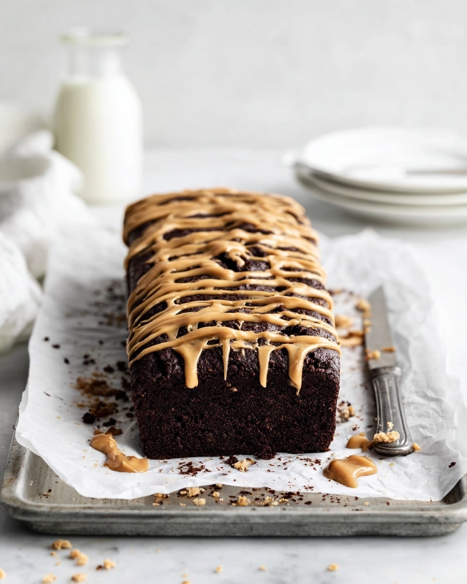 A rectangular dark brown chocolate cake with a rough, moist texture sits on white parchment paper on a metal tray. The top of the cake is decorated with thick light brown peanut butter sauce drizzled in a wavy pattern across the entire surface. Crumbs are scattered around the cake on the parchment paper. A silver knife with a simple design rests on the right side of the tray. The background is a white marbled texture with soft lighting and blurred white plates and a milk bottle in the distant background. photo taken with an iphone --ar 4:5 --v 7
