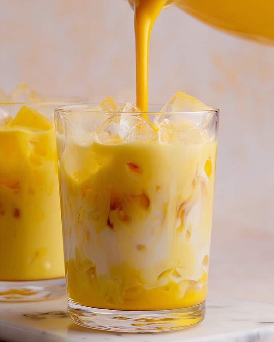 The image shows a clear glass filled with light yellow liquid and white ice cubes. A thicker orange-yellow liquid is being poured into the glass from above, creating a swirling mix with the lighter base. There is a second similar glass in the background, filled with light yellow liquid and ice cubes. Both glasses are placed on a white marbled surface with a soft, pale background. The texture of the liquids looks smooth and cold. photo taken with an iphone --ar 4:5 --v 7